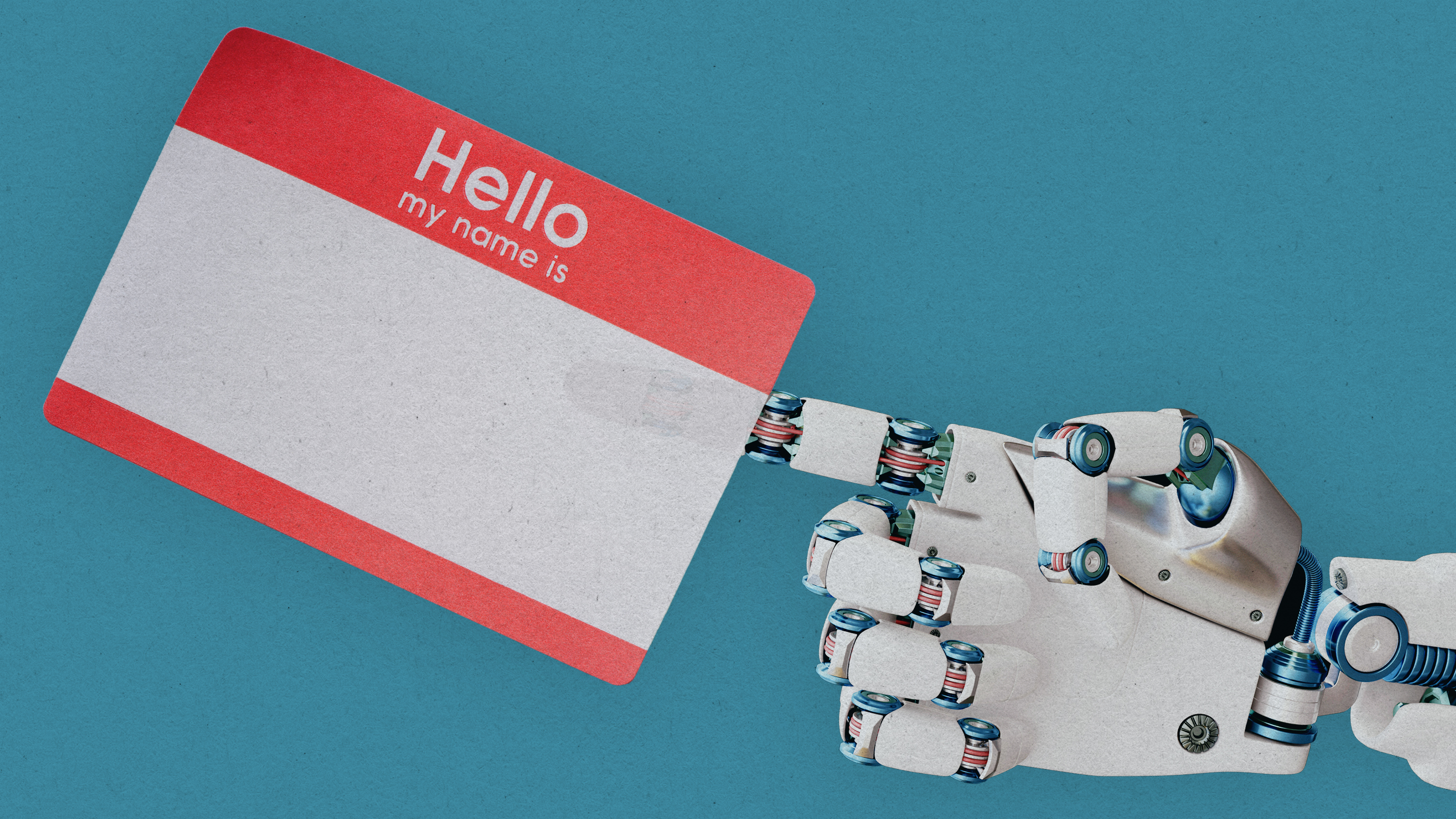 A robotic hand holding a blank name tag sticker