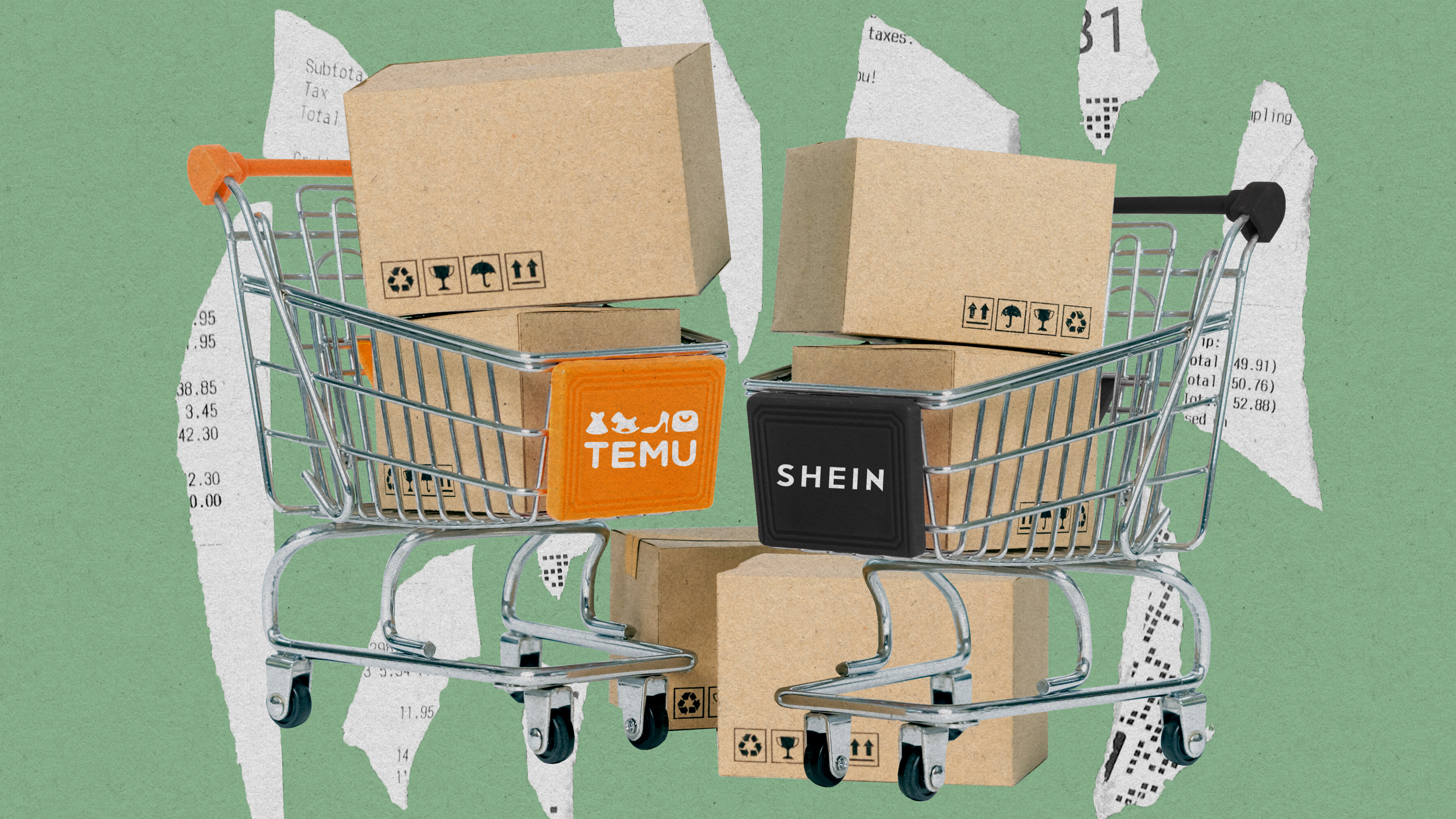 Illustration showcasing shopping carts labeled &quot;TEMU&quot; and &quot;Shein&quot;, filled with boxes, facing off.