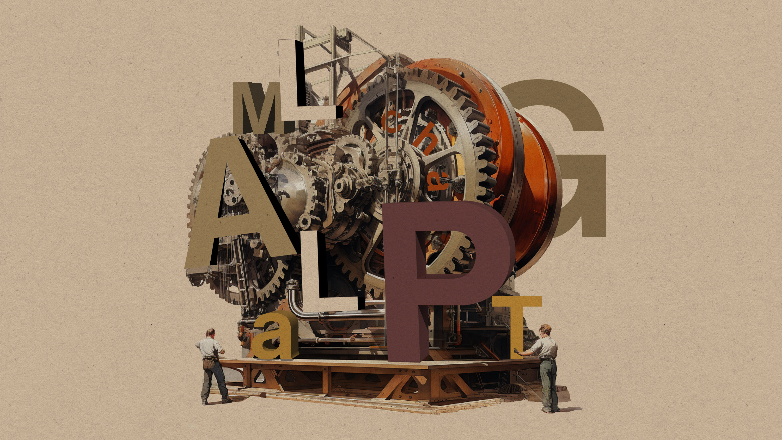 two workers at the base of a large machine made of letters and open gears