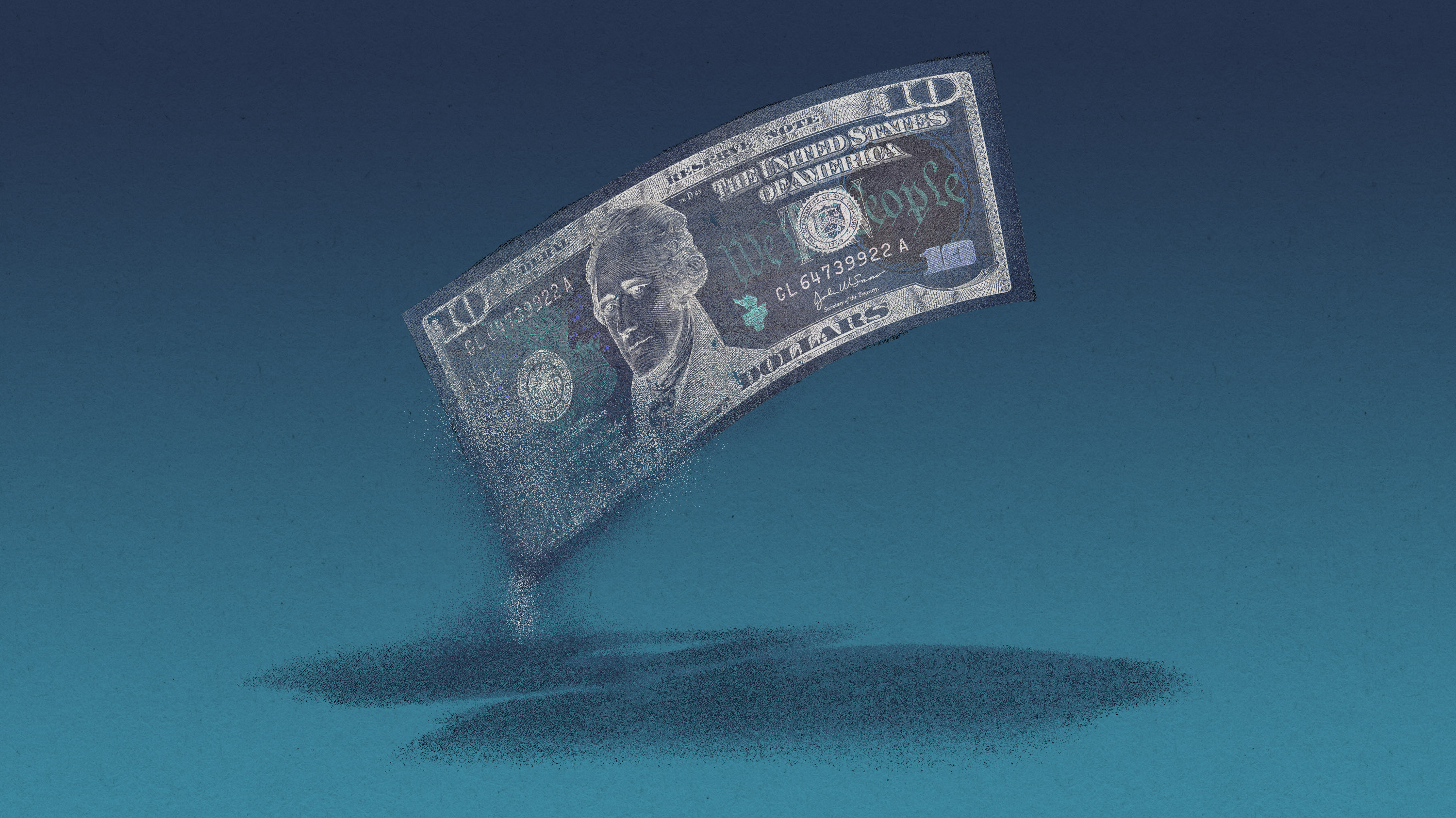 a US 10 dollar bill disintegrating into a pile of dust