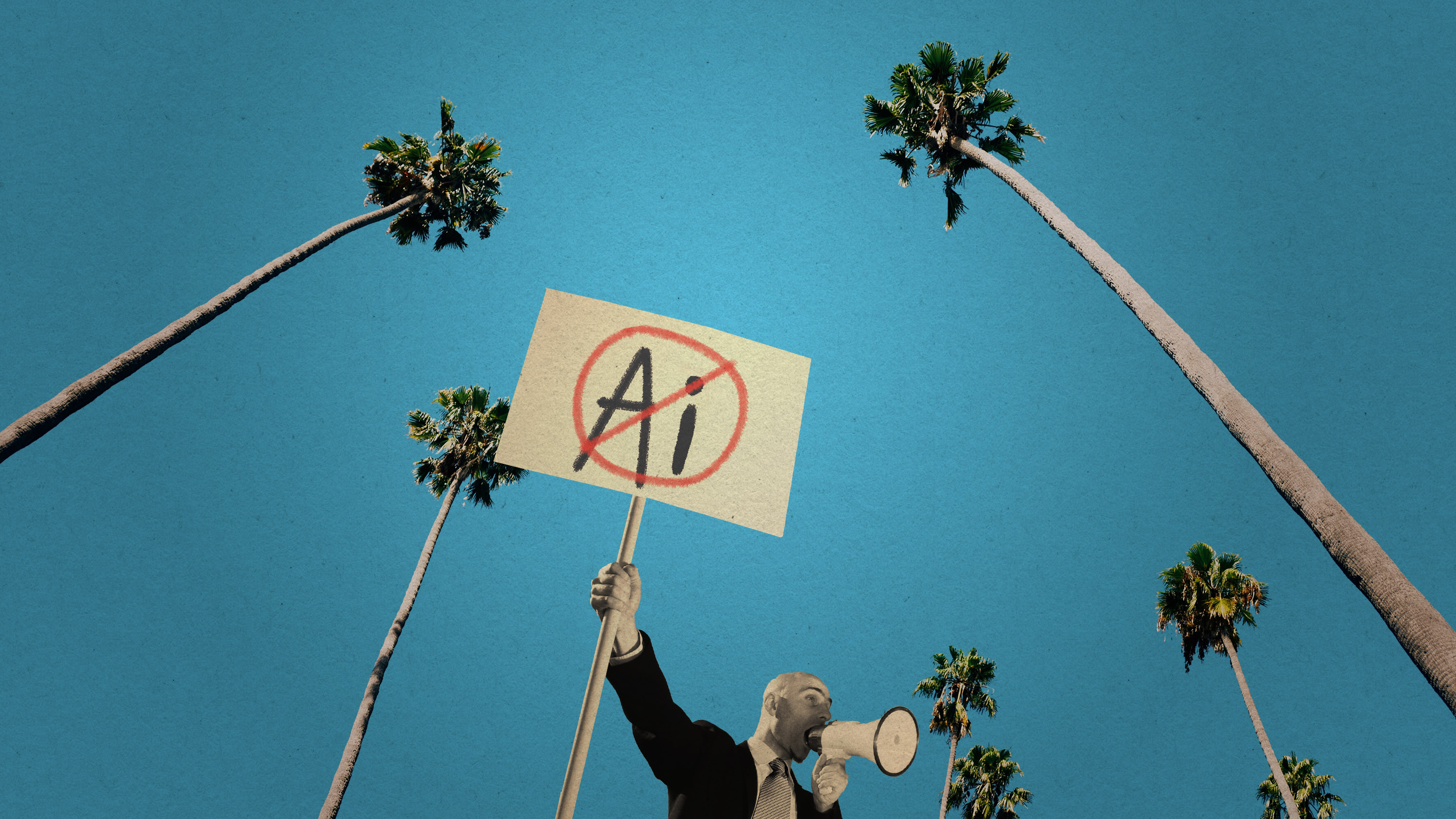 view up at a lawyer holding a sign with &quot;AI&quot; crossed out with palm trees above him