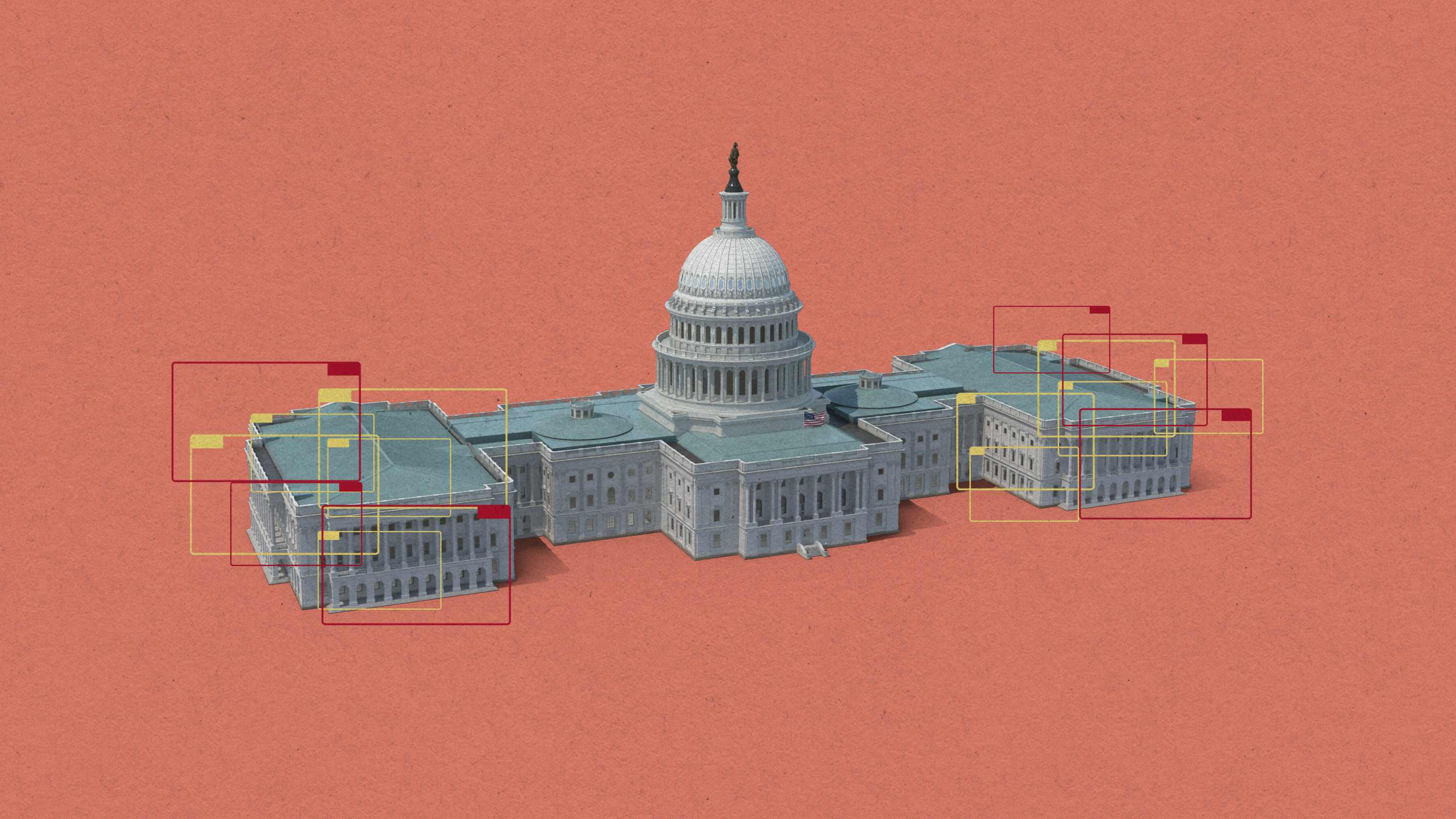 The US Capitol building with the wings annotated by yellow and red rectangles