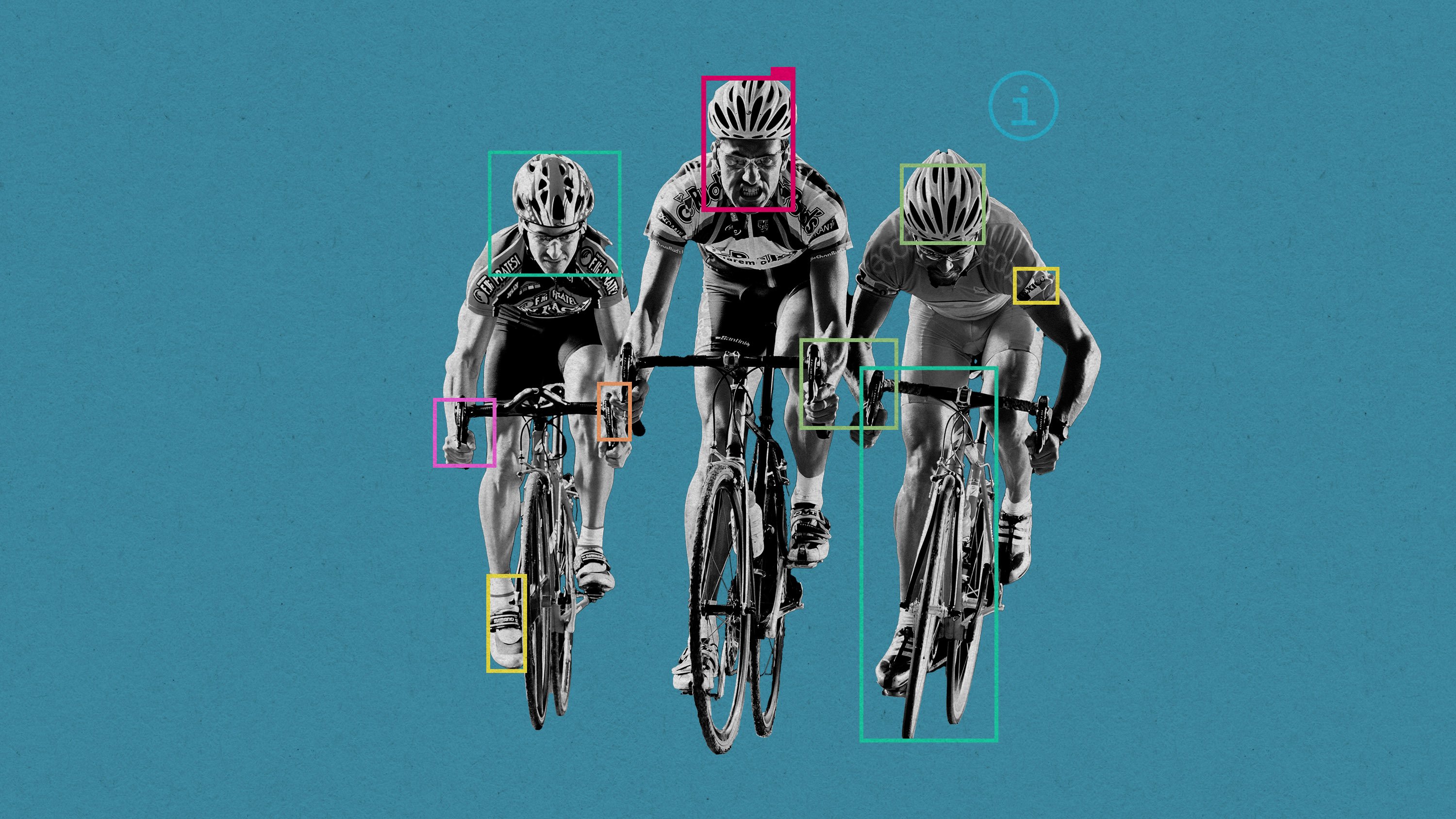 three cyclists racing with sections of the image framed by label boxes