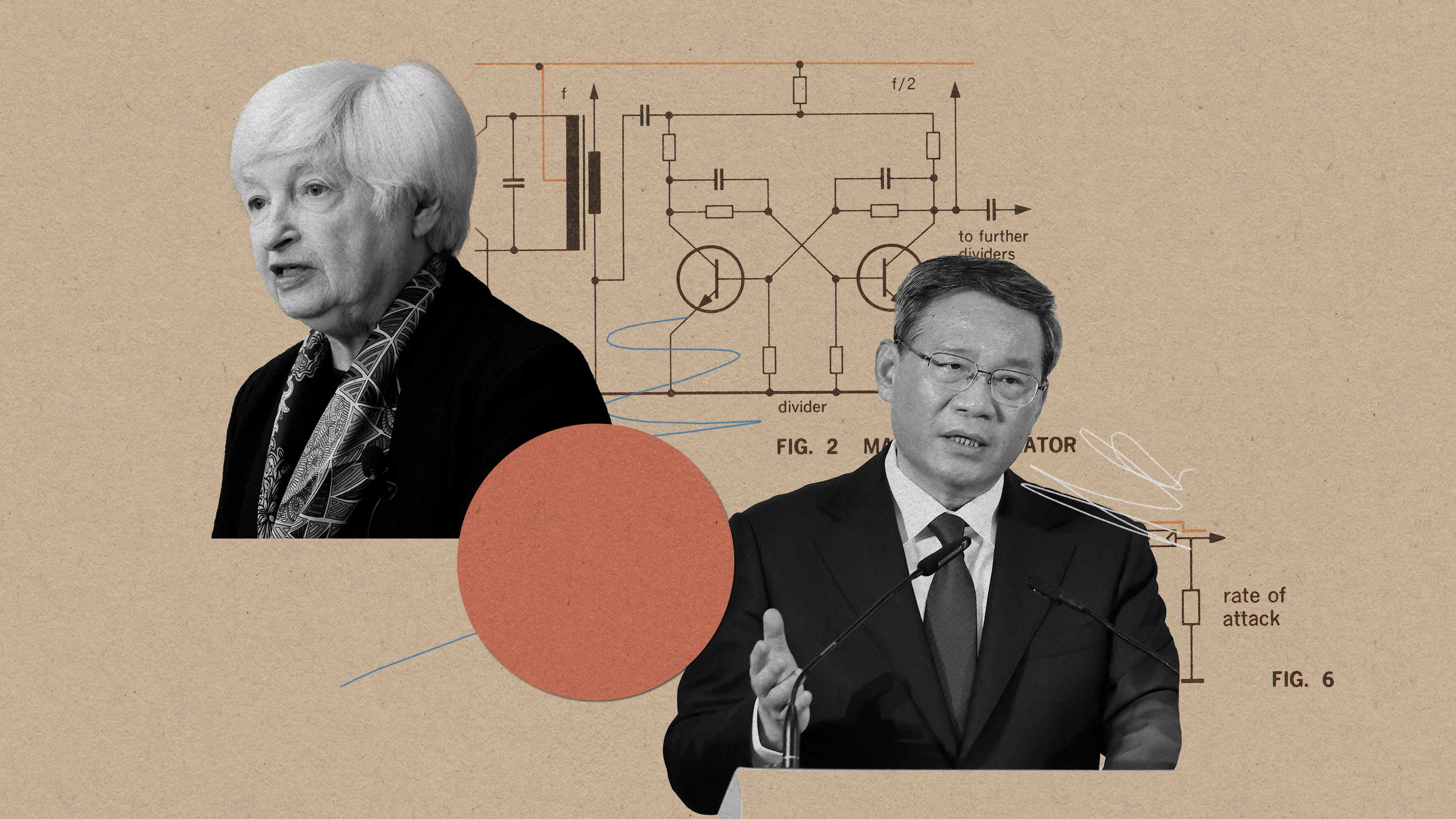 Sec of Treasury Janet Yellen and Premier Li Qiang with schematics and semiconductor diagrams
