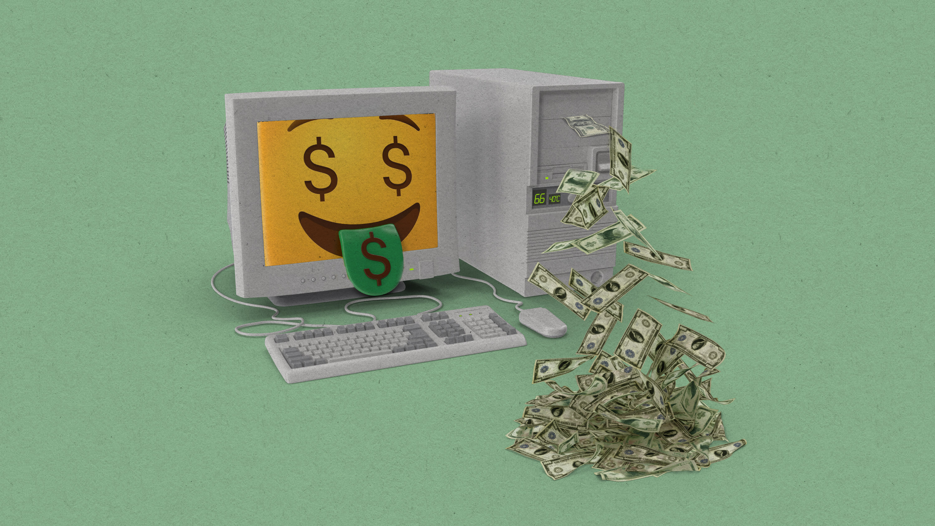 a desktop computer ejecting a pile of cash. the monitor display is filled with a yellow moneyface emoji with a green tongue sticking out into the real space.