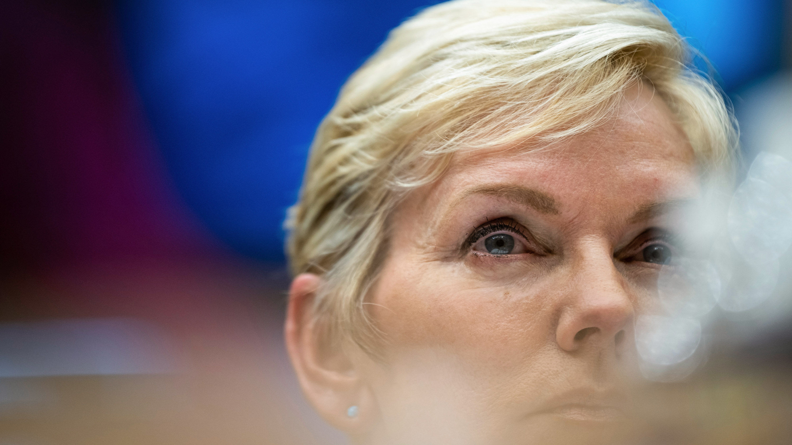 Secretary of Energy Jennifer Granholm seen close up on her face with a hazy, soft depth of field