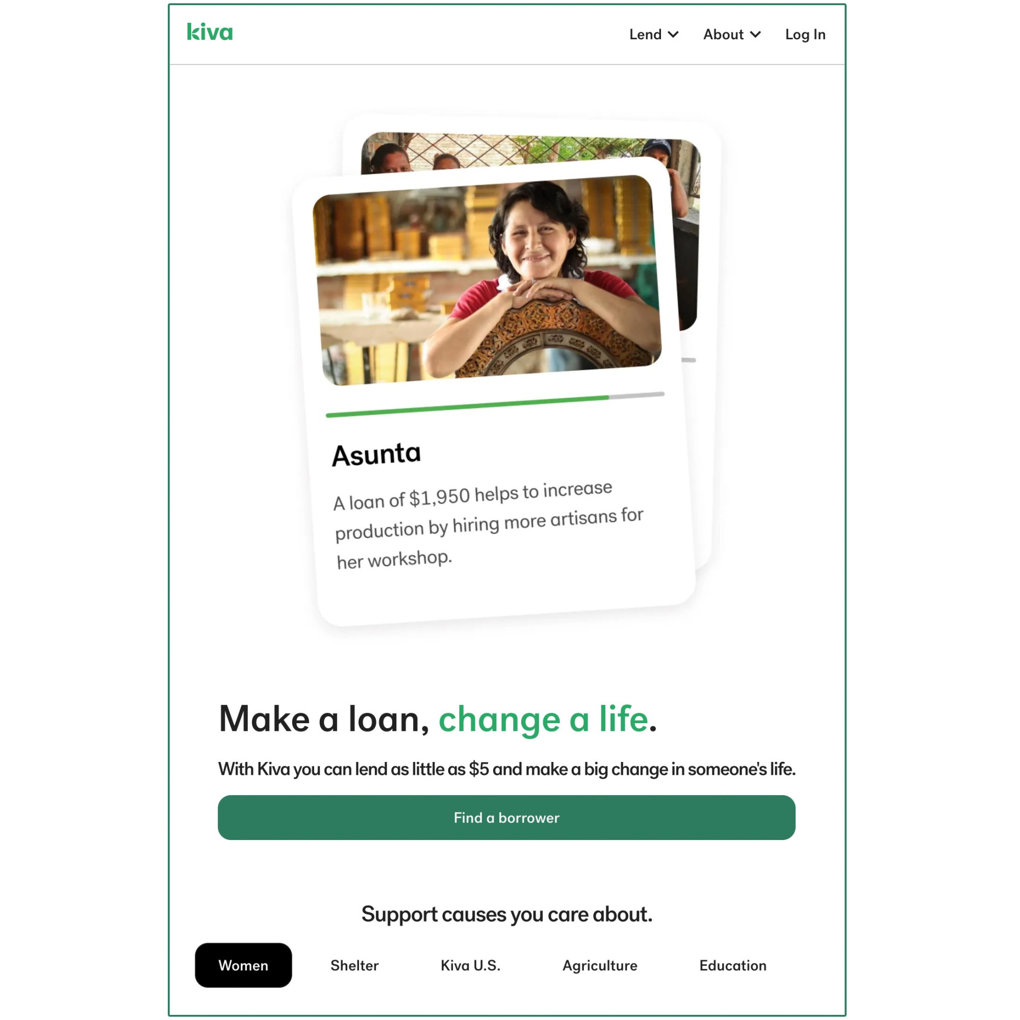 screenshot of the Kiva website that reads, "Make a loan, save a life. With Kiva you can make a loan as little as $5 and make a big change in someone's life."