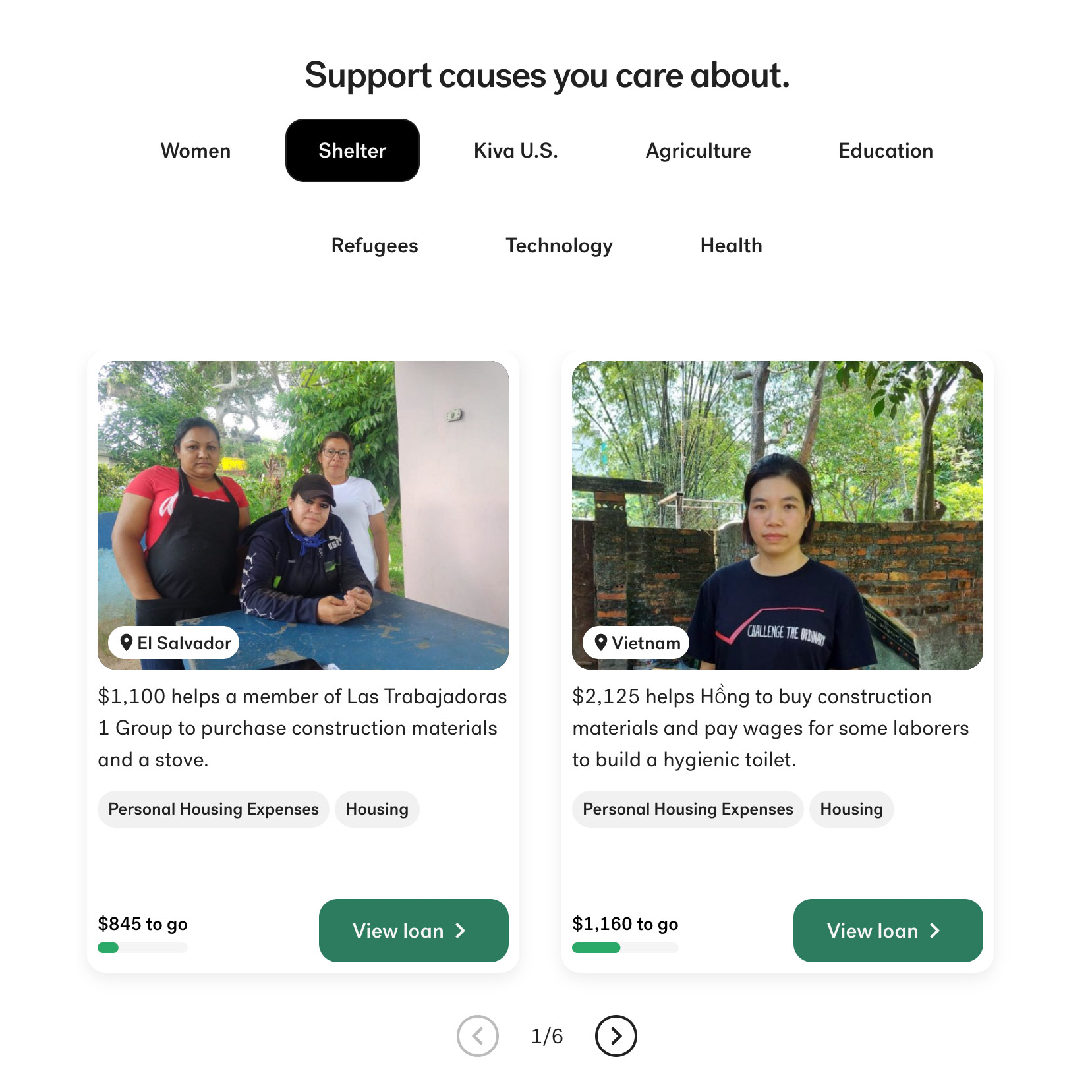 screenshot from Kiva website with headline "Support causes you care about" with section headers, Women, Shelter, Kiva U.S., Agriculture, Education, Refugees, Technology, and Health