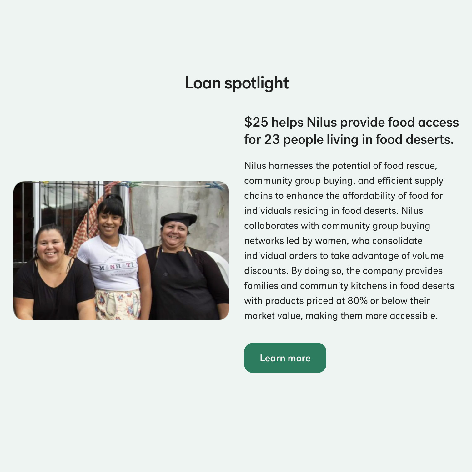 screenshot from Kiva website that reads, " Loan spotlight: $25 helps Nilus provide food access for 23 people living in food deserts."