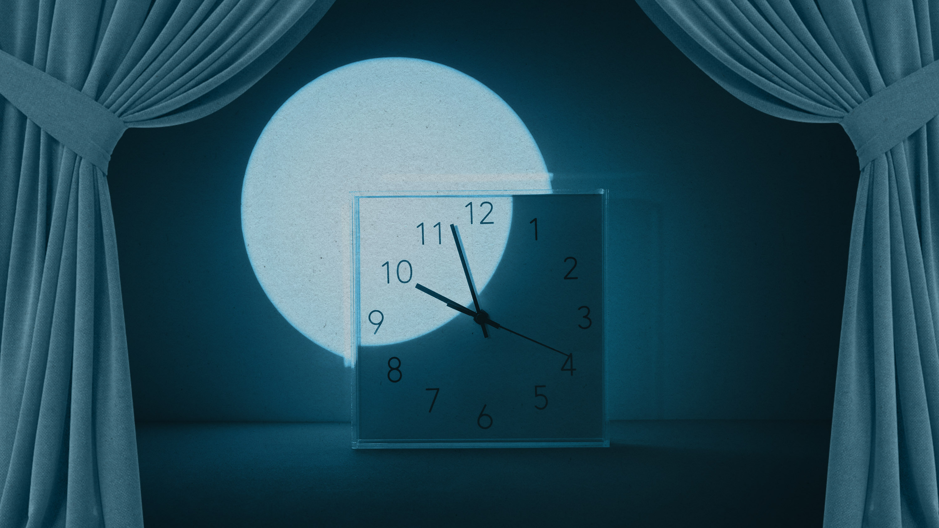 clock with spotlight from the moon, seen through a window treatment
