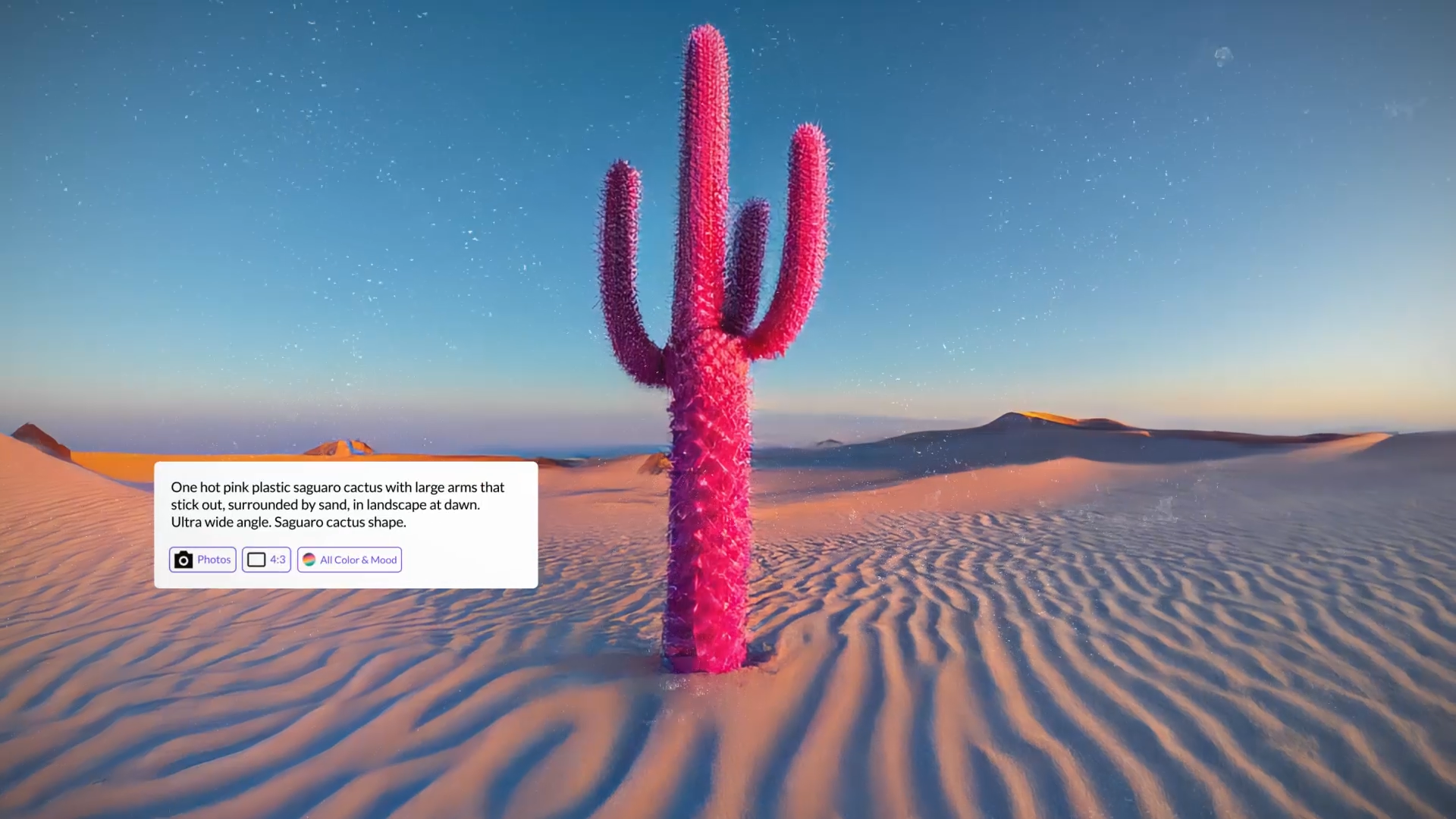 a generated image of a hot pink cactus in the desert with the prompt window that generated the image overlaid on it