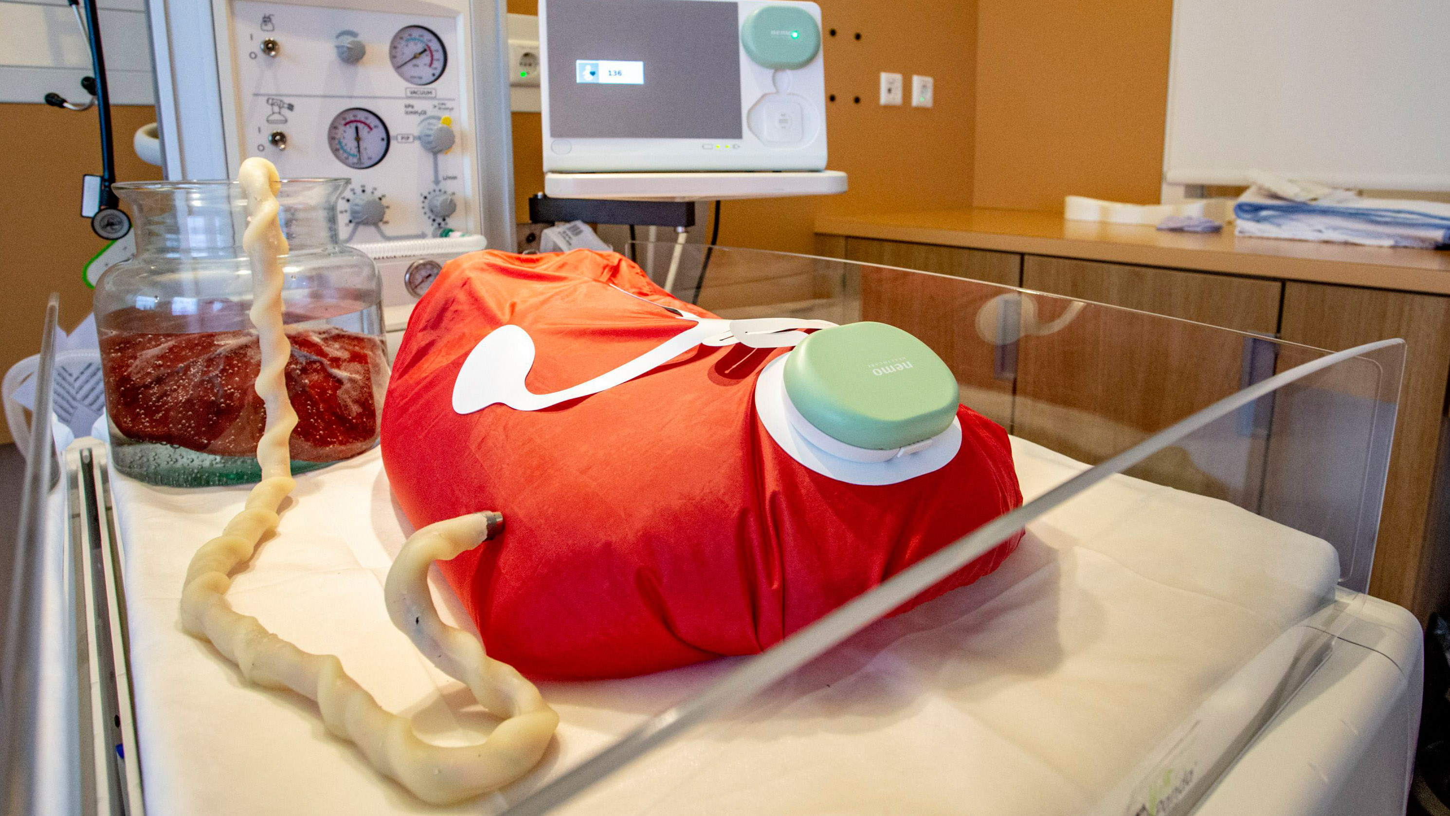 an umbilical tube connects a glass jar to a bag shaped like a large hot water bottle on the exam table at a medical center