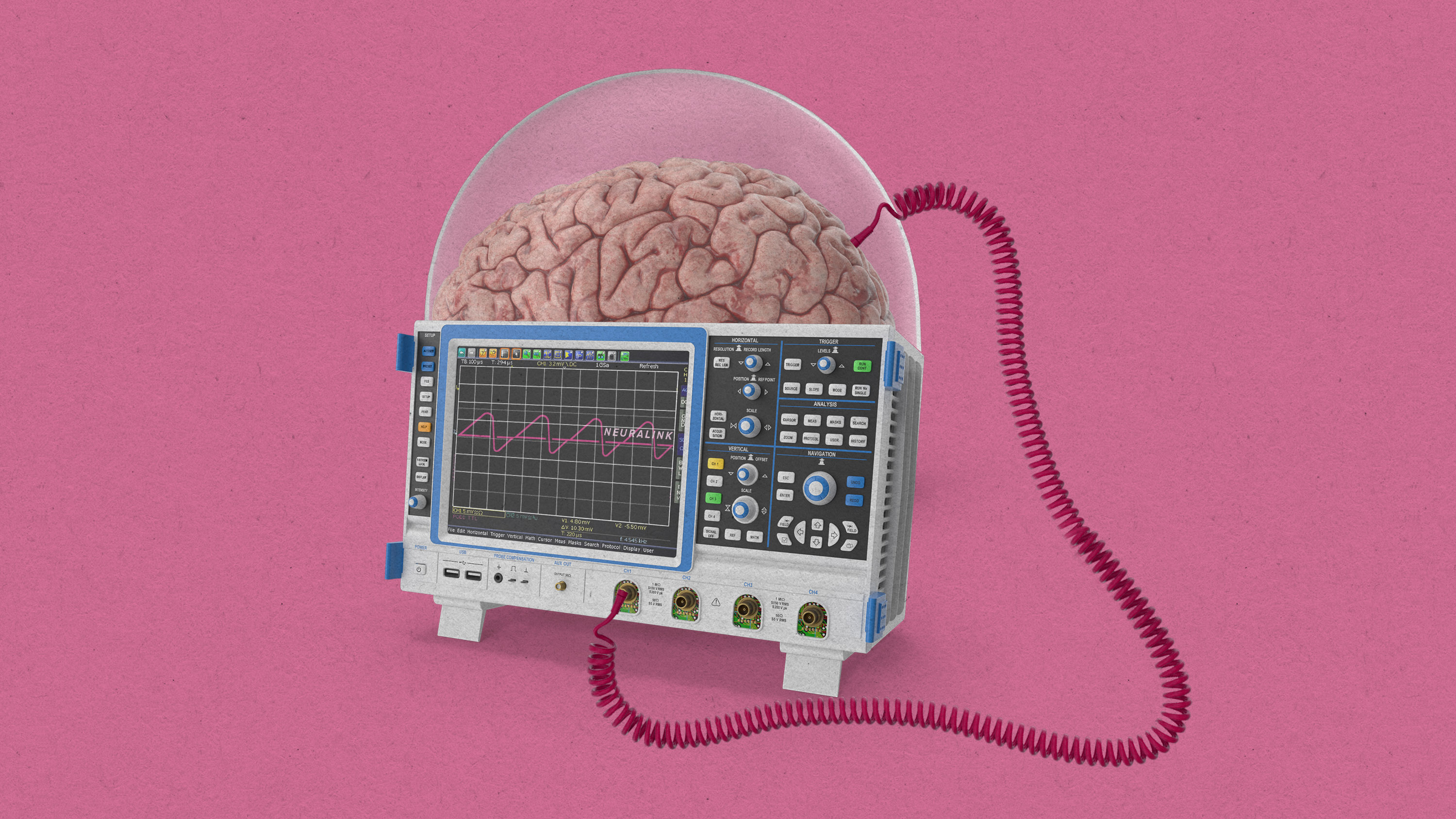 neuralink logo in an oscilloscope with a brain attached