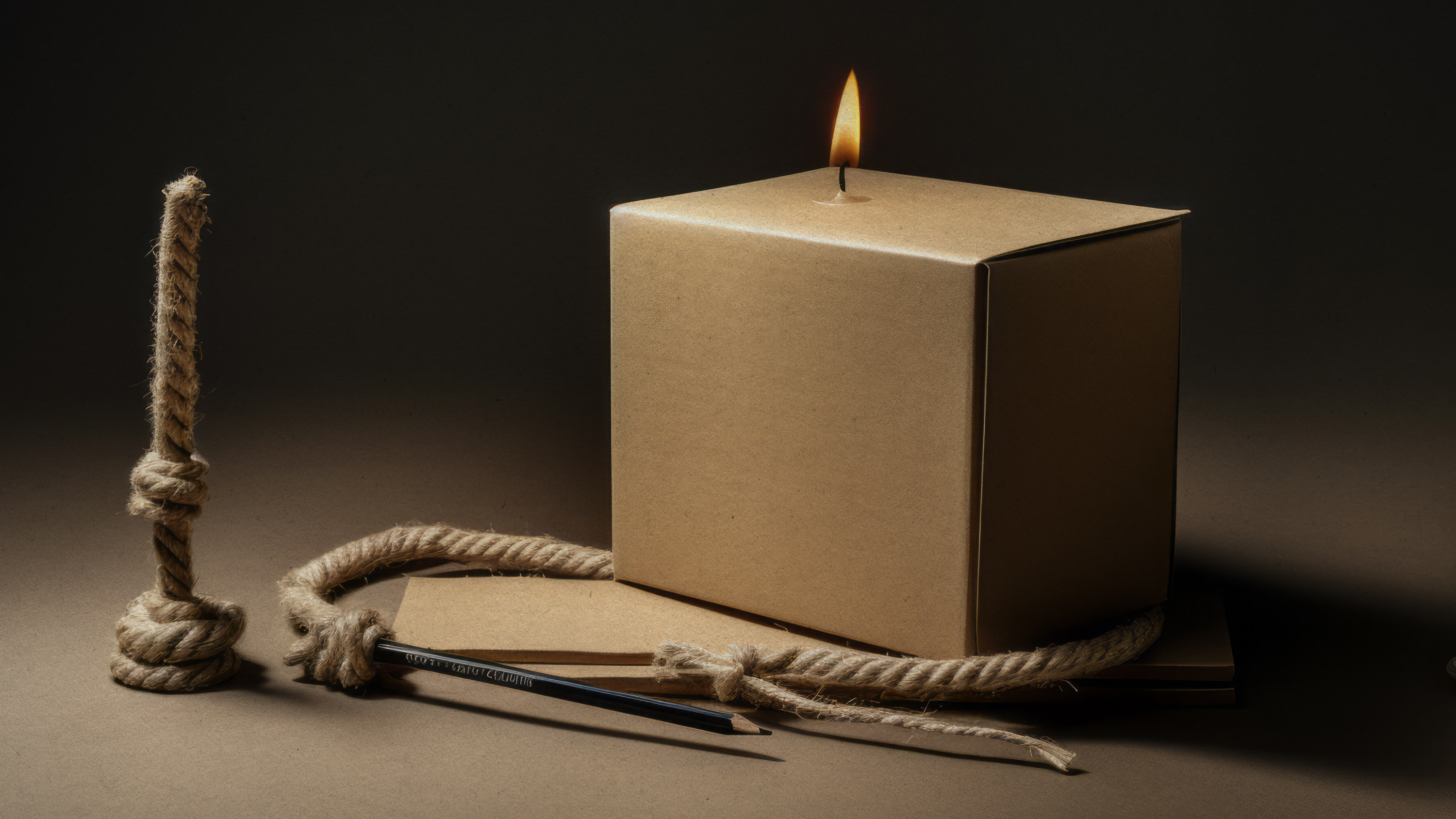 a rope, a pencil, and a candle flame emitting from a cardboard box