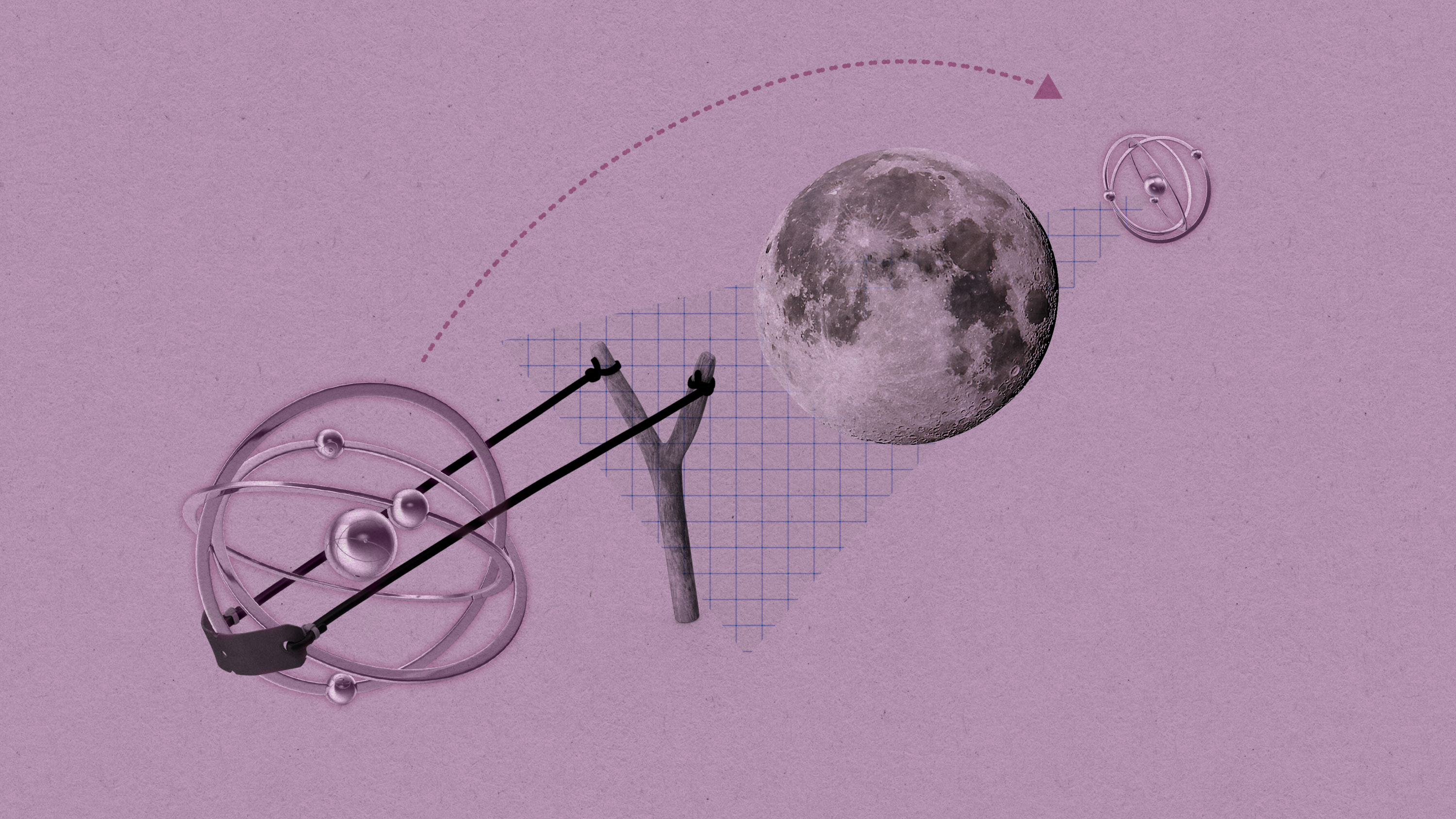 an atomic model in a slingshot aimed past the moon to hit another atomic model on the far side