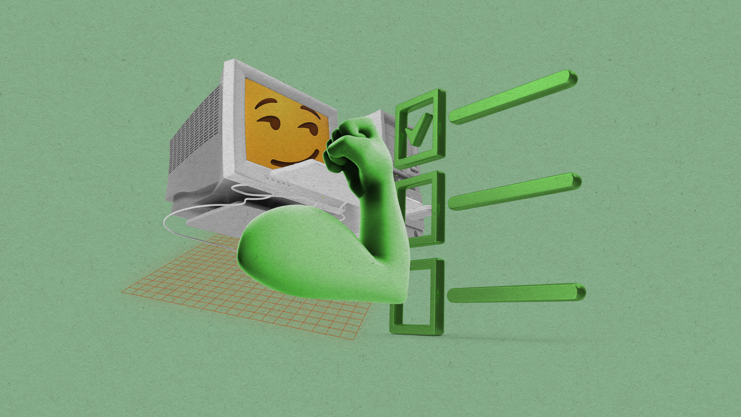 a computer with a smirking face uses a strong arm to knockout tasks