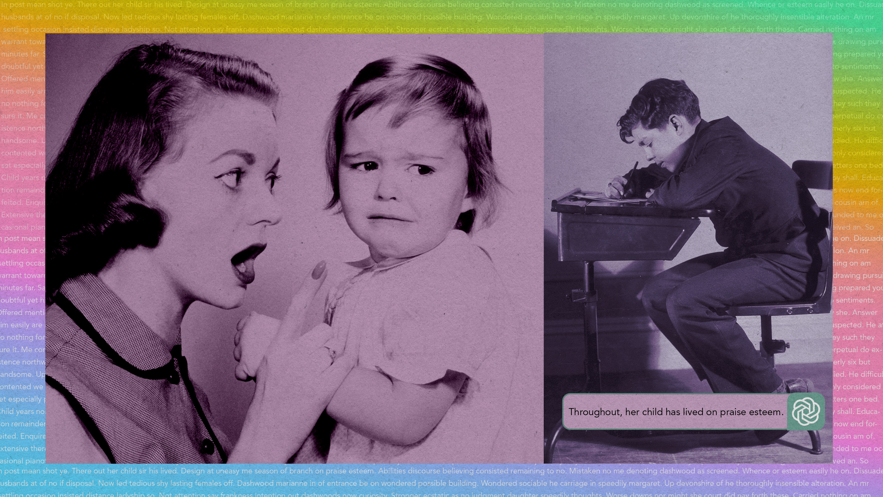 vintage images of a mother scolding an upset toddler and a young boy at a school desk with a ChatGPT prompt box and text superimposed