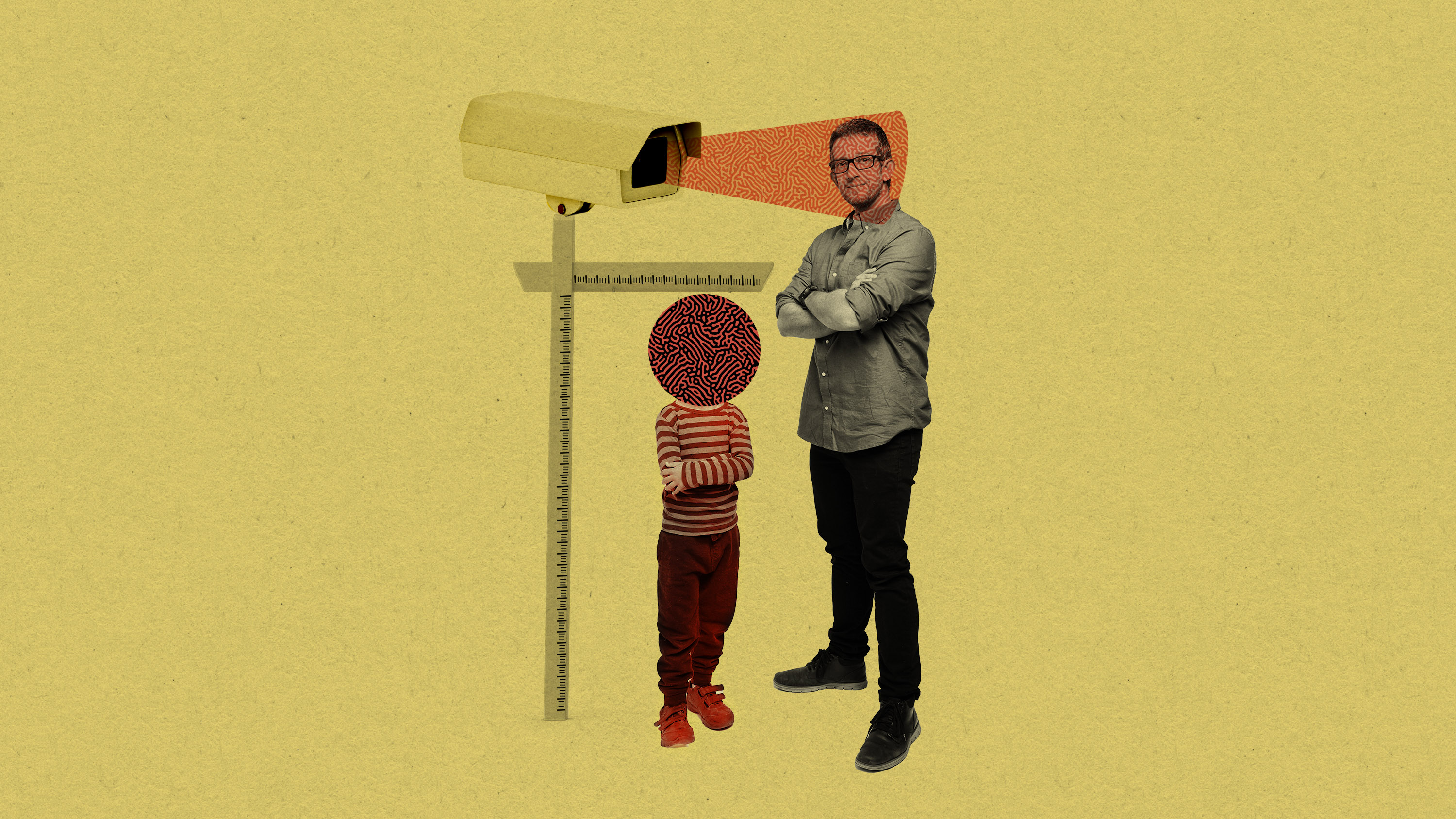 a parent and child stand next to a height requirement sign that points a security camera beam at the adult&#039;s face