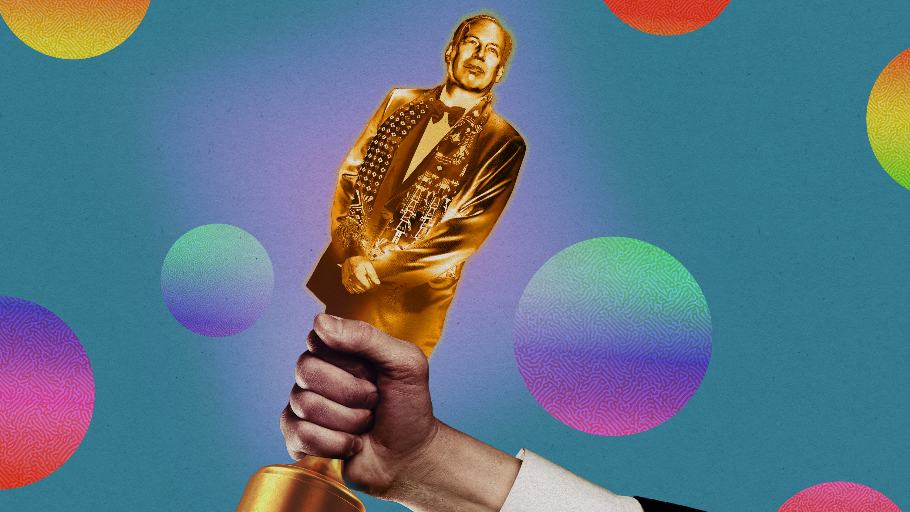 Hans Zimmer as the Academy Award winner statue, surrounded by floating rainbow bubbles