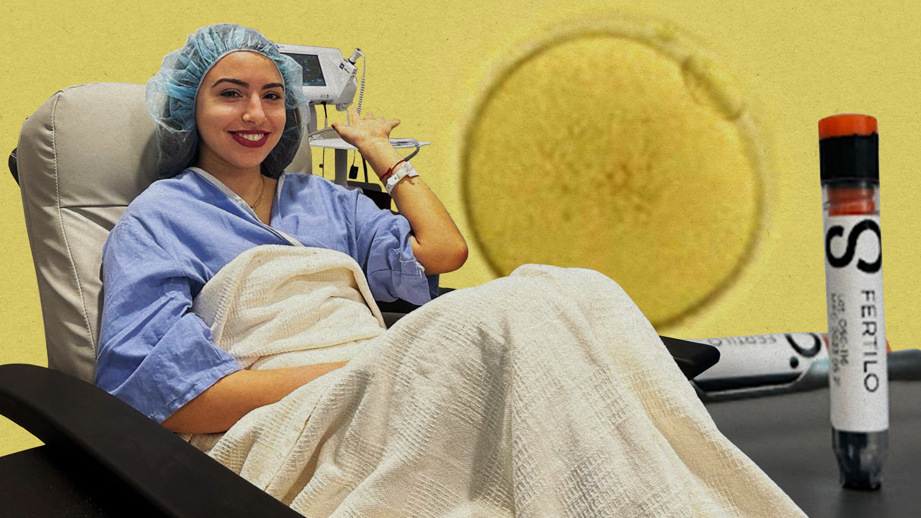 Photo illustration showing Dr. Dina Radenkovic waving during egg retrieval treatment, with a mature egg and vile in the composition.