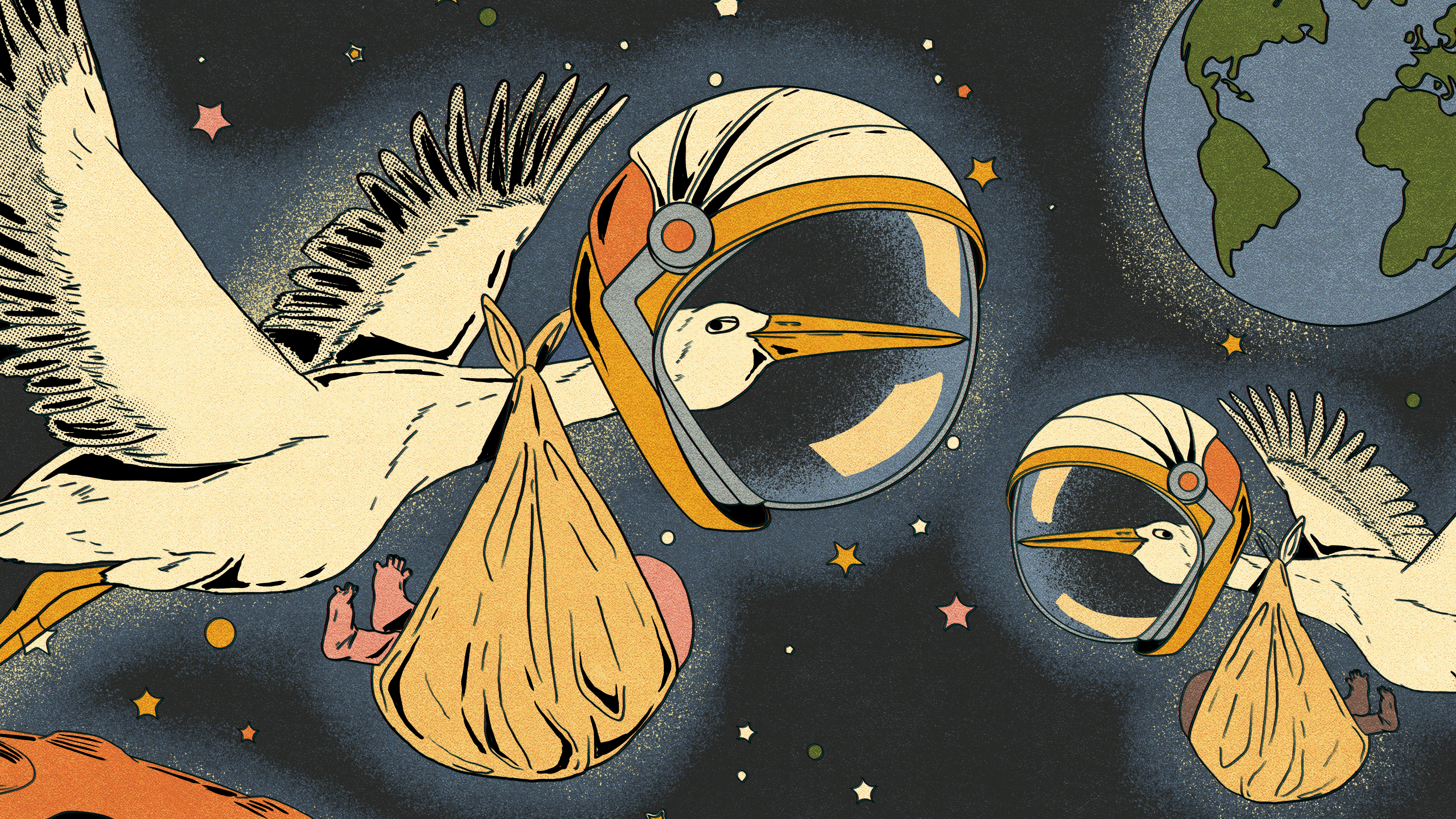 storks flying through space wearing astronaut helmets with babies in bundles