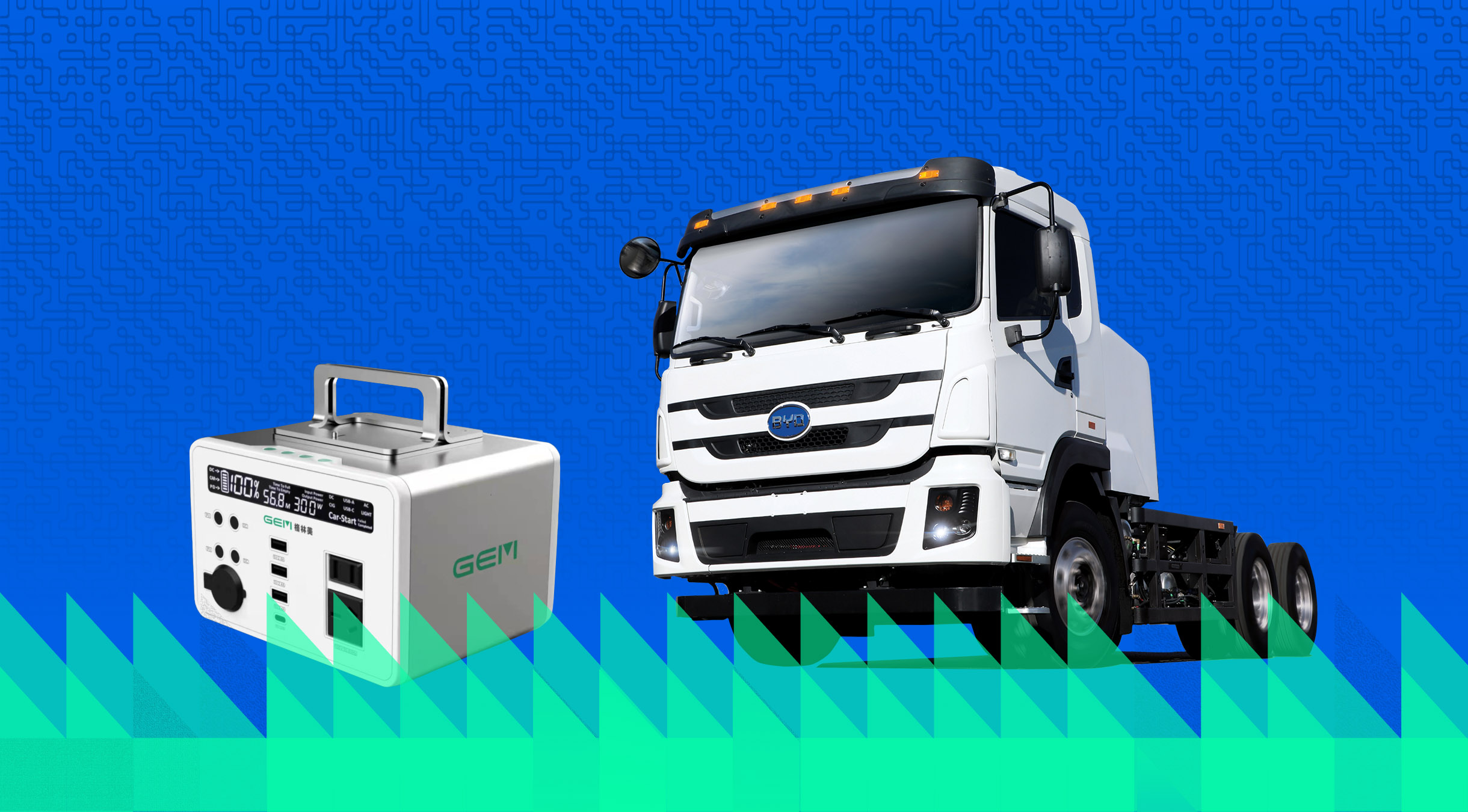 a GEM battery and a BYD commercial electric truck