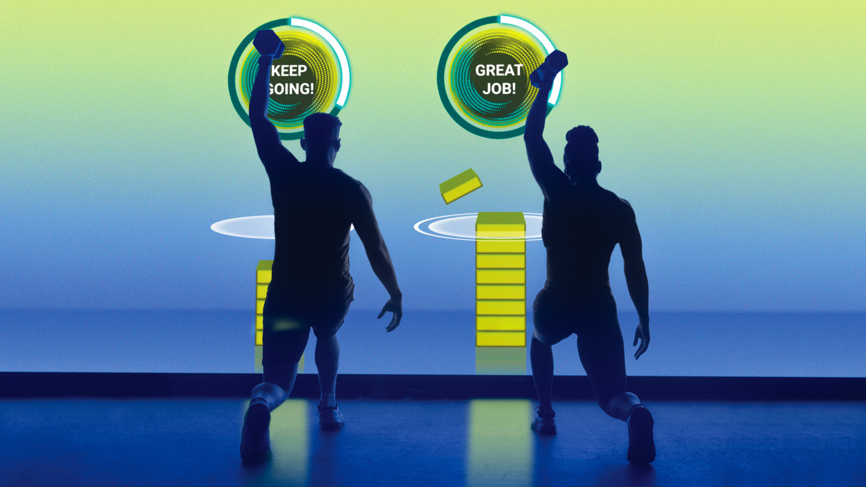 two people raise dumbbells and lunge in front of a backlit wall screen with the words &quot;Keep Going!&quot; in front of one and &quot;Great Job!&quot; in front of the other
