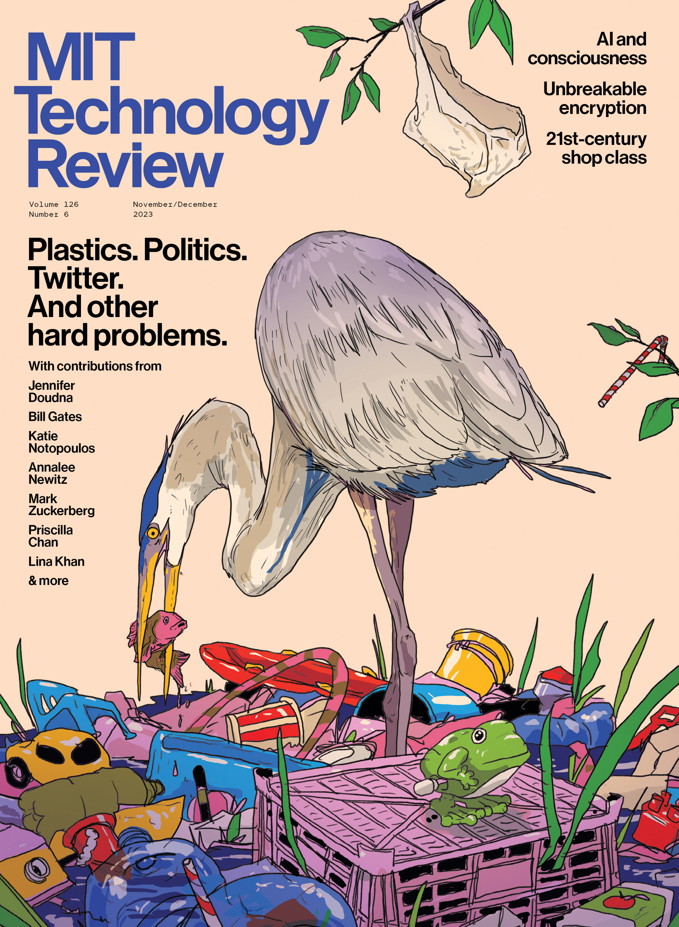ND23 cover image: a heron plucks a pink plastic fish from a landscape contaminated with plastic trash