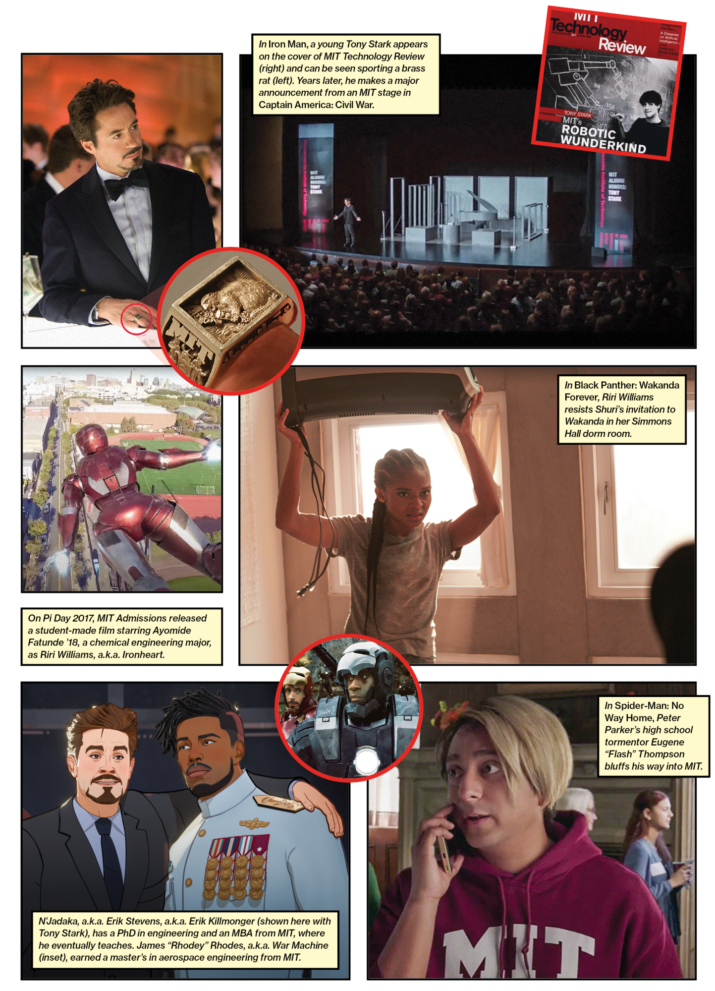 Composite Image of movie stills in comic format. First panel: In Iron Man, a young Tony Stark appears on the cover of MIT Technology Review (right) and can be seen sporting a brass rat (left). Years later, he makes a major announcement from an MIT stage in Captain America: Civil War. Second panel: On Pi Day 2017, MIT Admissions released a student-made film starring Ayomide Fatunde ’18, a chemical engineering major, as Riri Williams, a.k.a. Ironheart. Third panel : In Black Panther: Wakanda Forever, Riri Williams resists Shuri’s invitation to Wakanda in her Simmons Hall dorm room. Fourth: In Spider-Man: No Way Home, Peter Parker’s high school tormentor Eugene “Flash” Thompson bluffs his way into MIT. Fifth panel: N’Jadaka, a.k.a. Erik Stevens, a.k.a. Erik Killmonger (shown here with Tony Stark), has a PhD in engineering and an MBA from MIT, where he eventually teaches. James “Rhodey” Rhodes, a.k.a. War Machine (inset), earned a master’s in aerospace engineering from MIT.