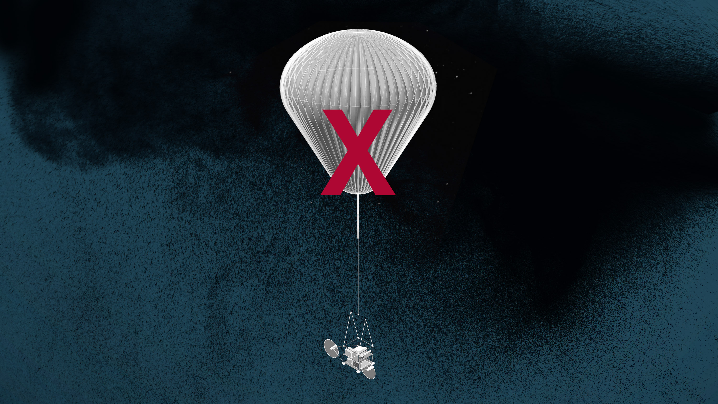 the SCoPEx balloon diagram with a crimson &quot;X&quot; hovers in a blue background with black particles