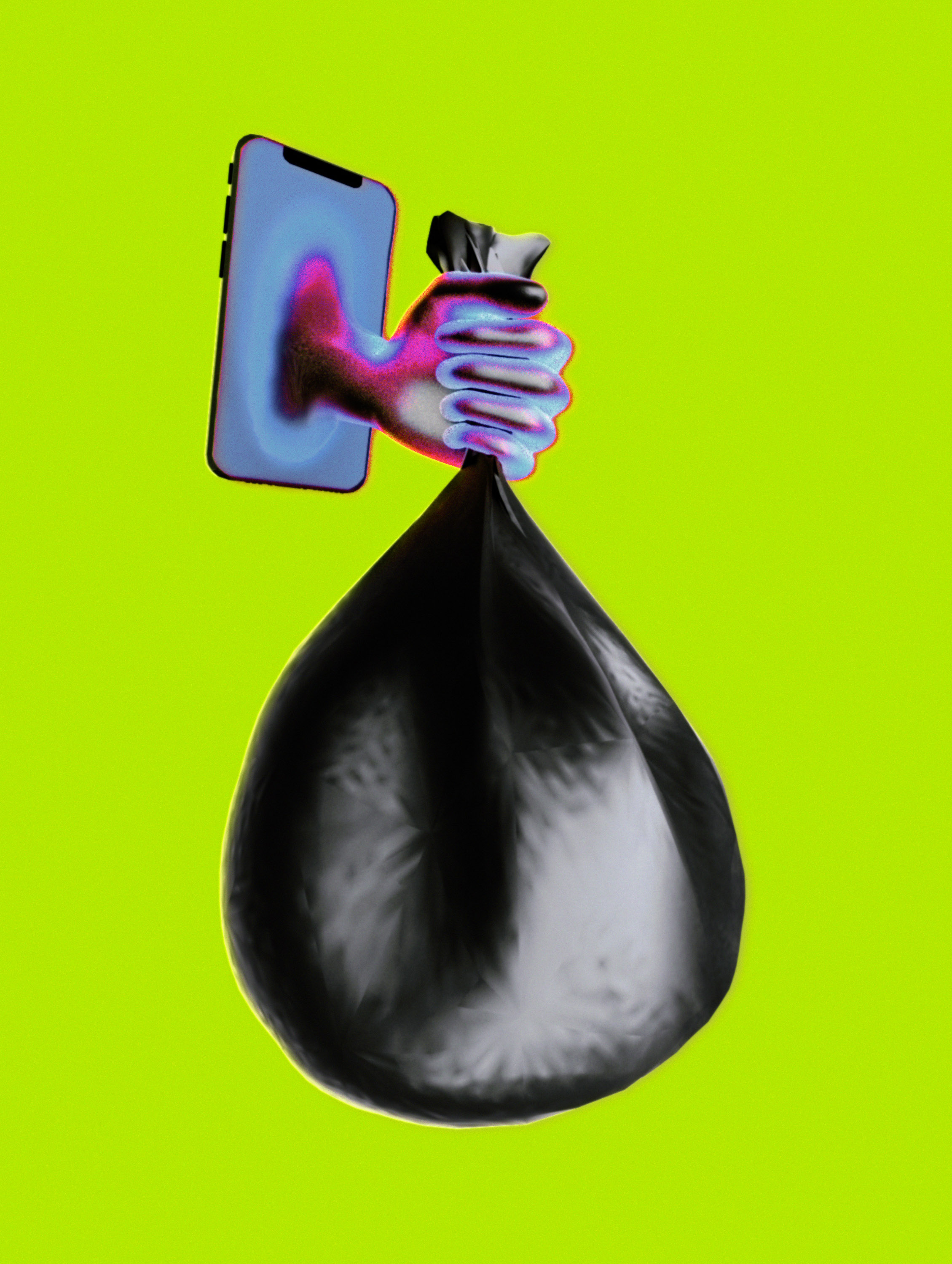 hand emerging from a phone holding a bag