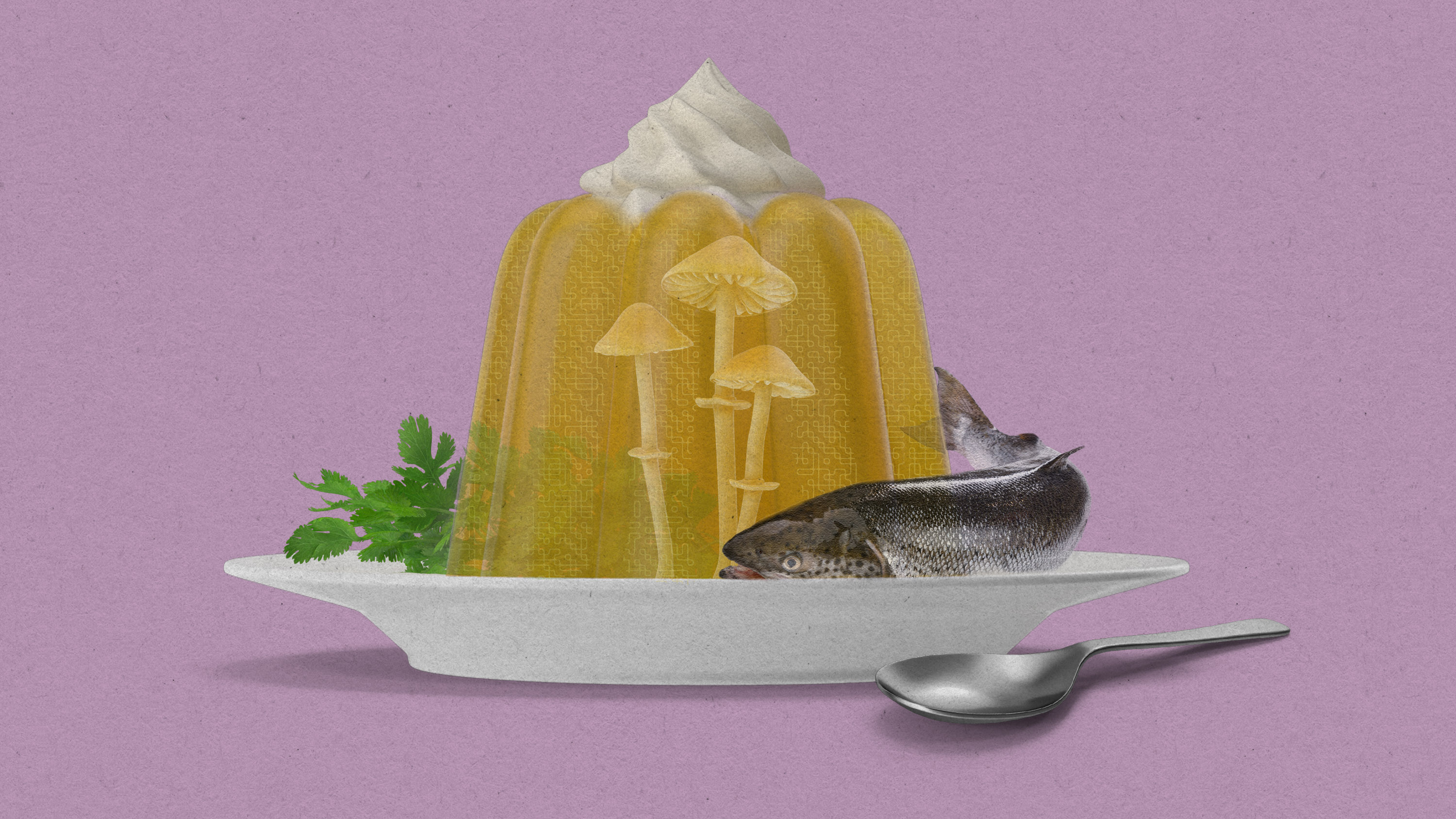 An aspic of poisonous philiotina rugosa mushrooms garnished with cilantro, whipped cream, and a whole fish