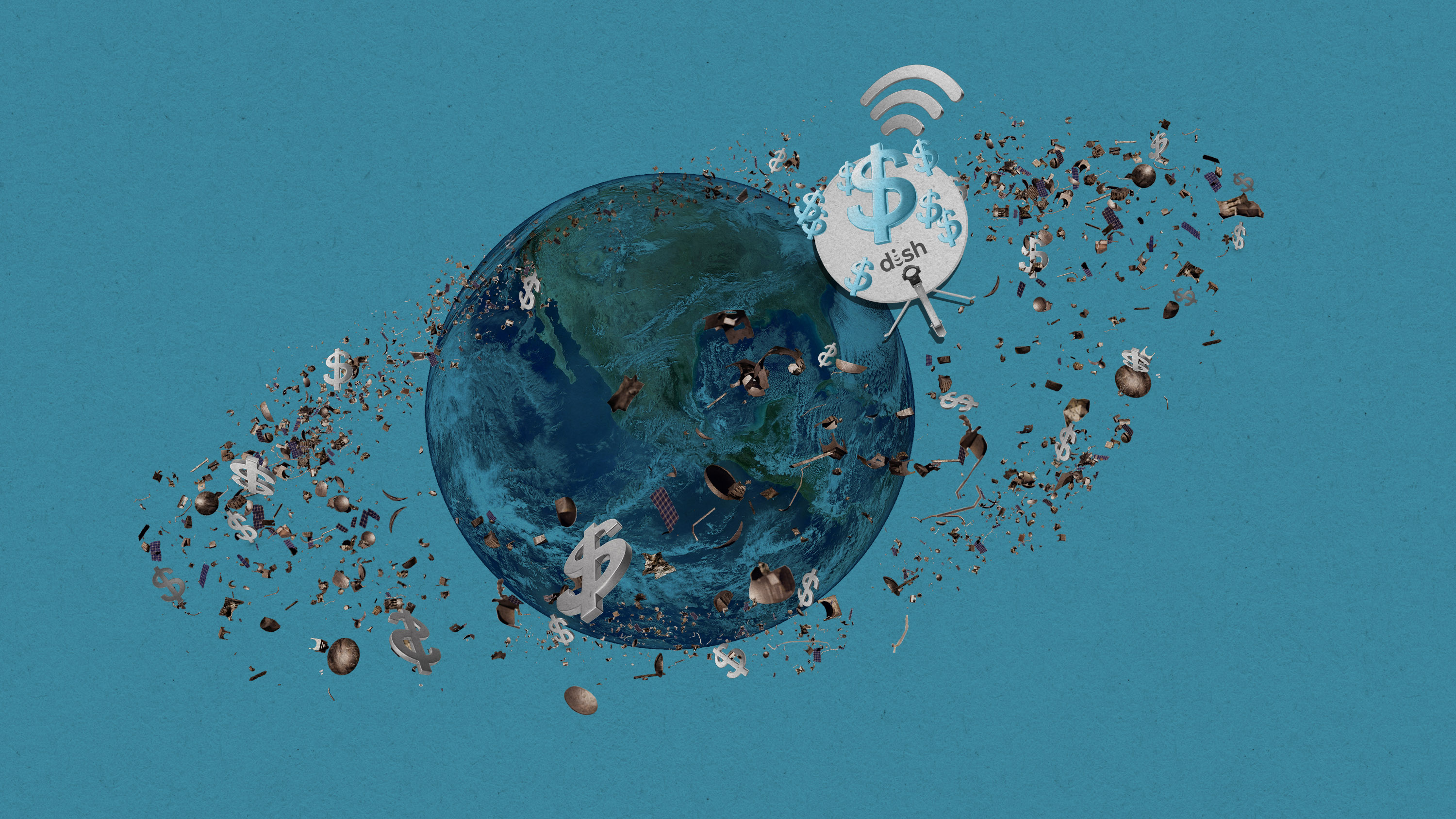 the earth surrounded by debris and a home Dish satellite with dollar signs tacked onto it