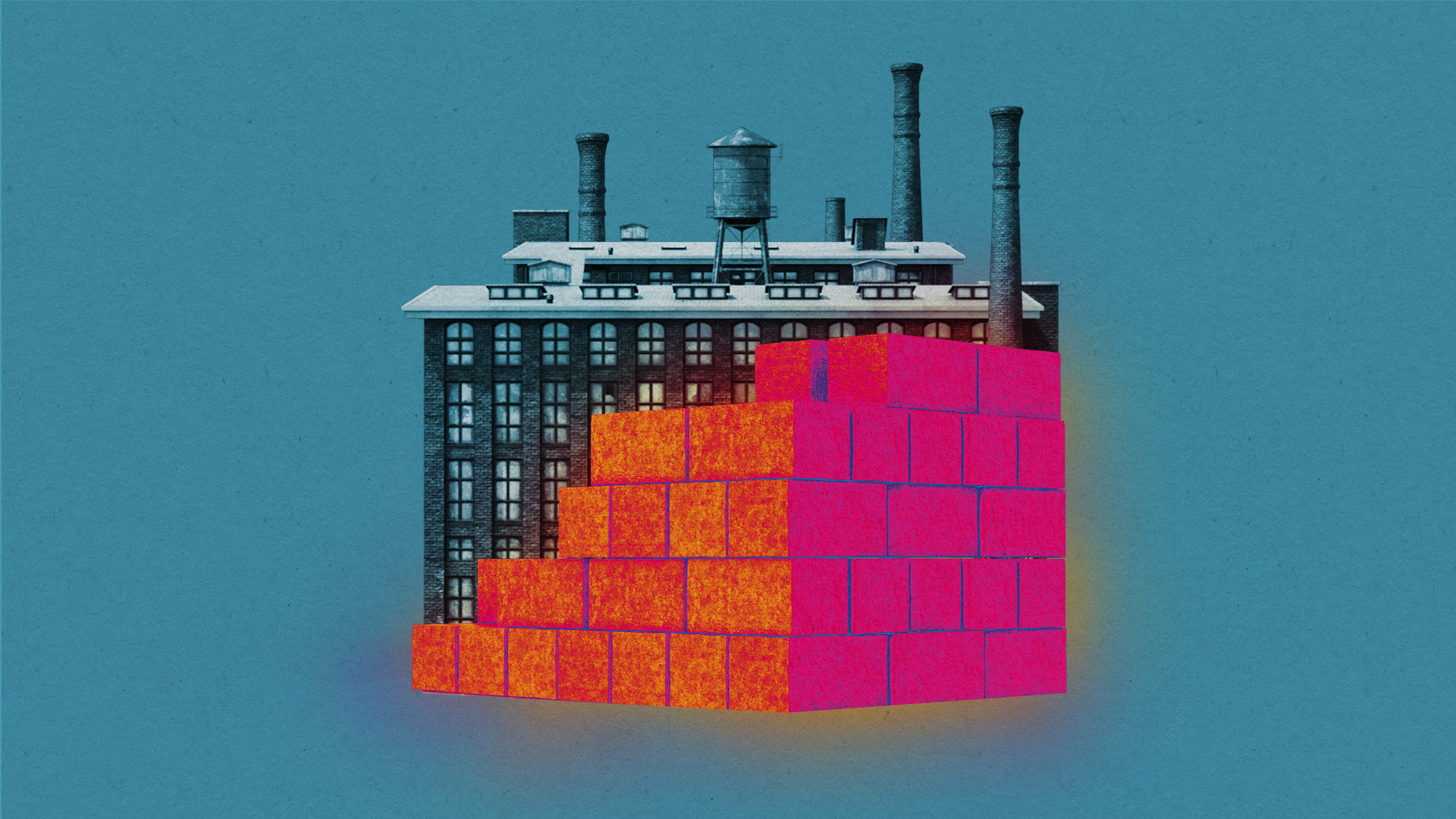 a stack of bricks colored with thermal camera with an industrial factory jutting over the top