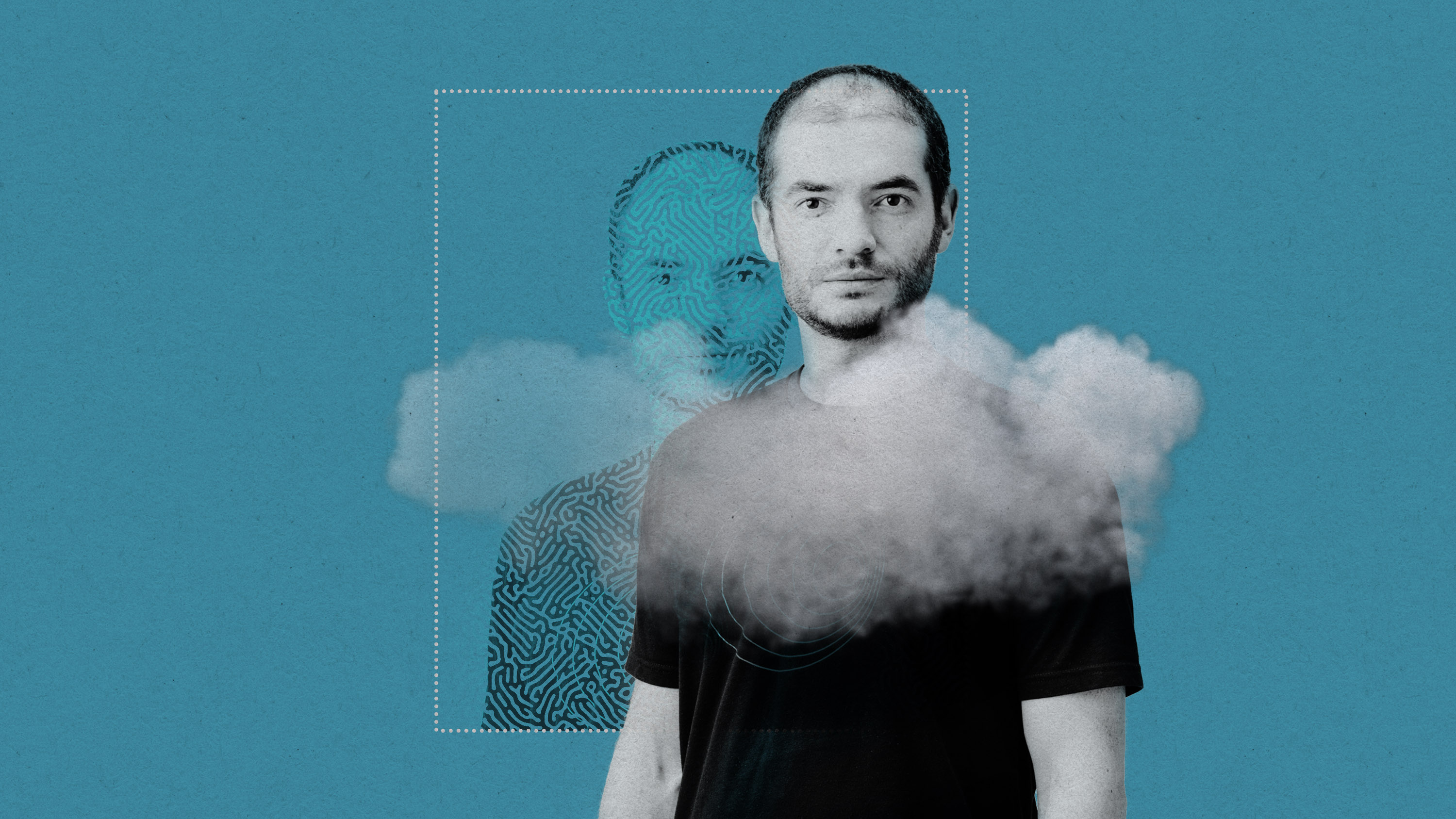 Ilya Sutskever with his head emerging from a cloud and a doppelganger made of a Turing pattern in a window behind him