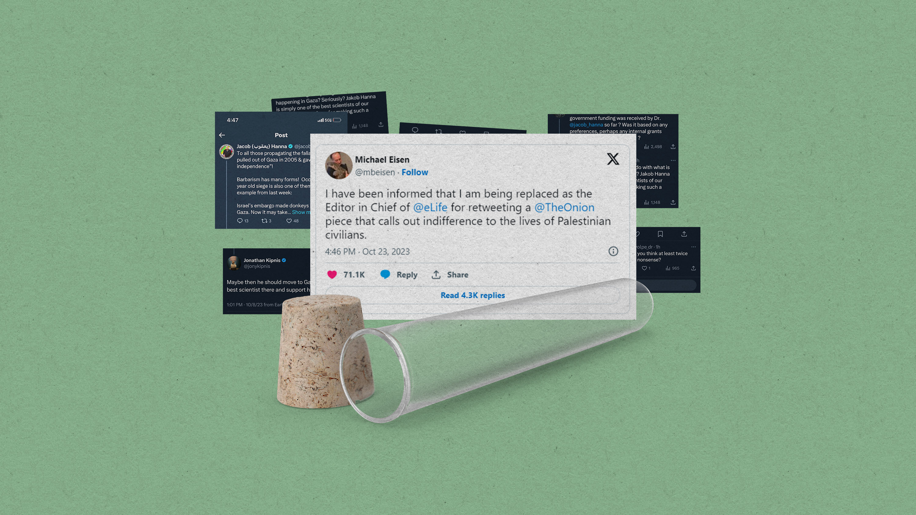 controversial tweets behind an uncorked test tube laying on its side