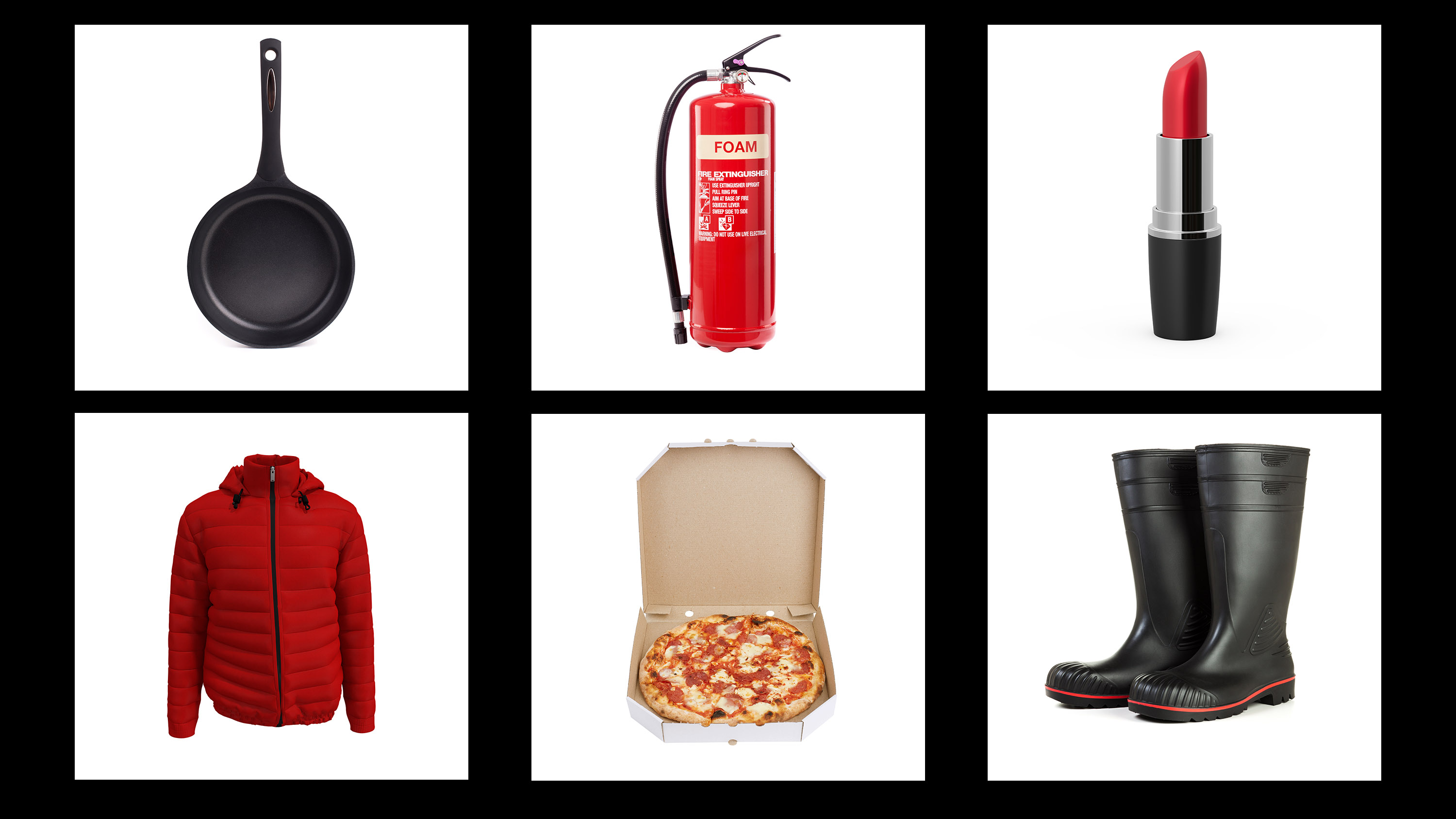 a cast iron pan, a fire extinguisher, a red lipstick a red jacket, a pizza in an open box, and a pair of rain boots