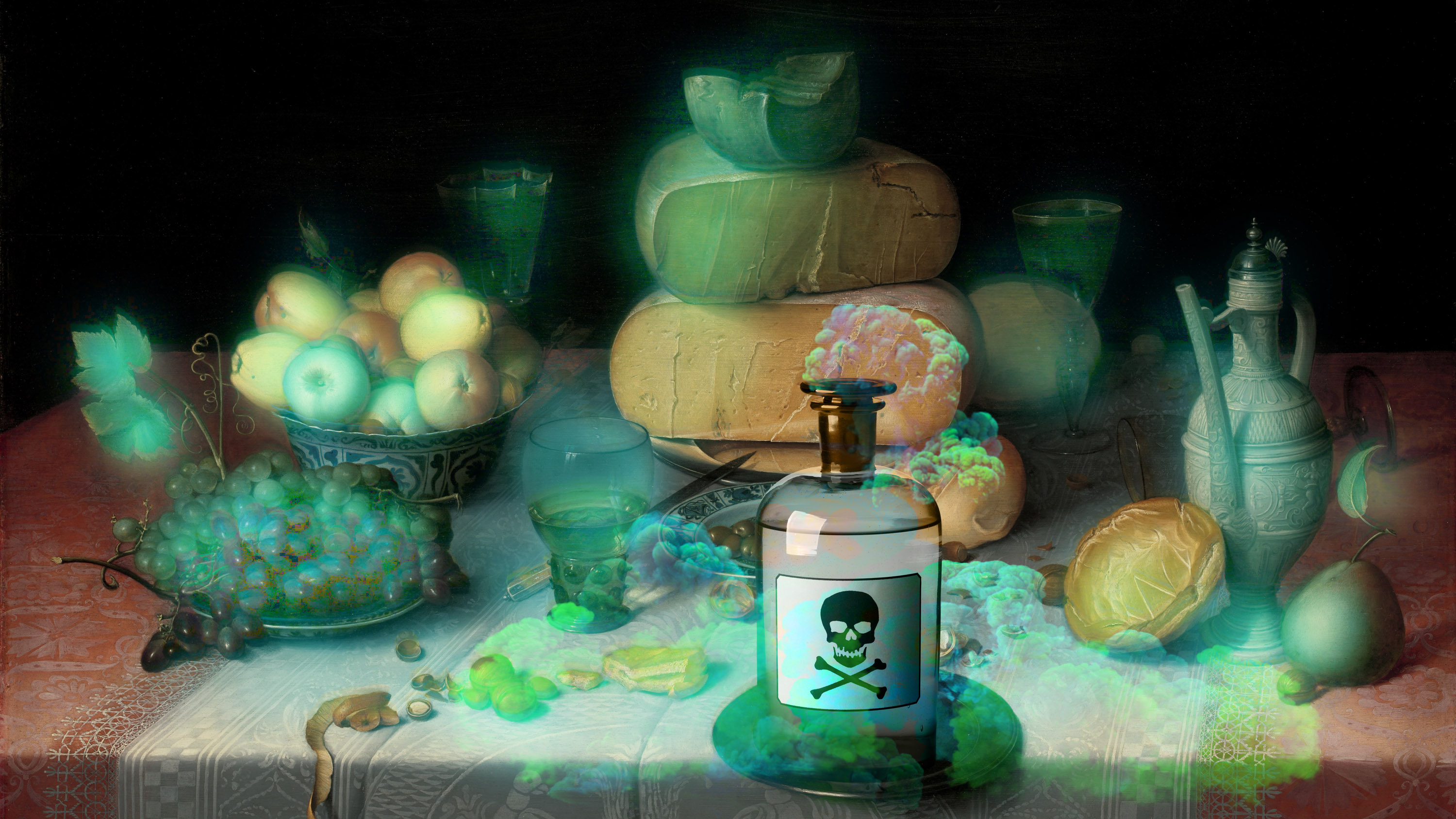 poisoned fumes spread through a still life painting causing glitches