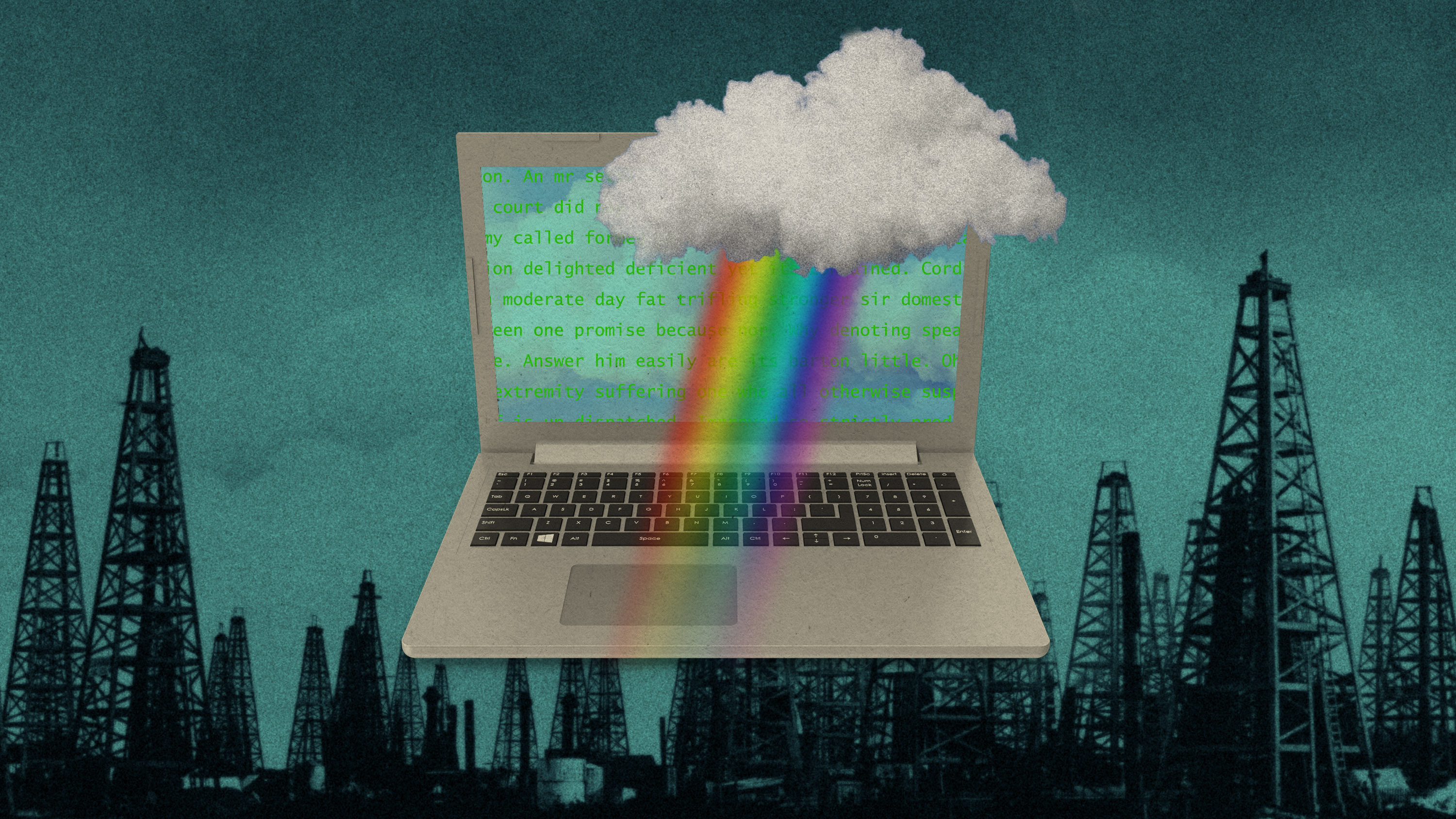 laptop generating text and the image of a rainbow cloud, hovers over an image of an oil field
