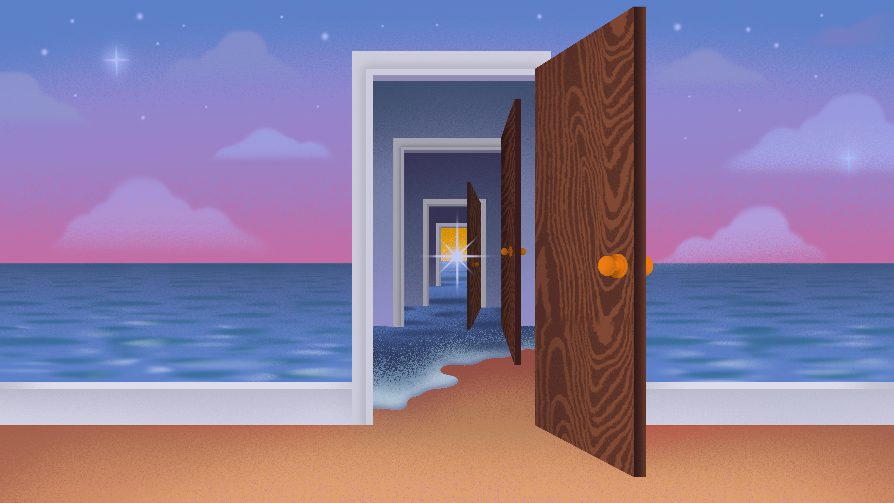 a series of open doors leading to a bright light with the wallpaper showing a twilight view over the ocean