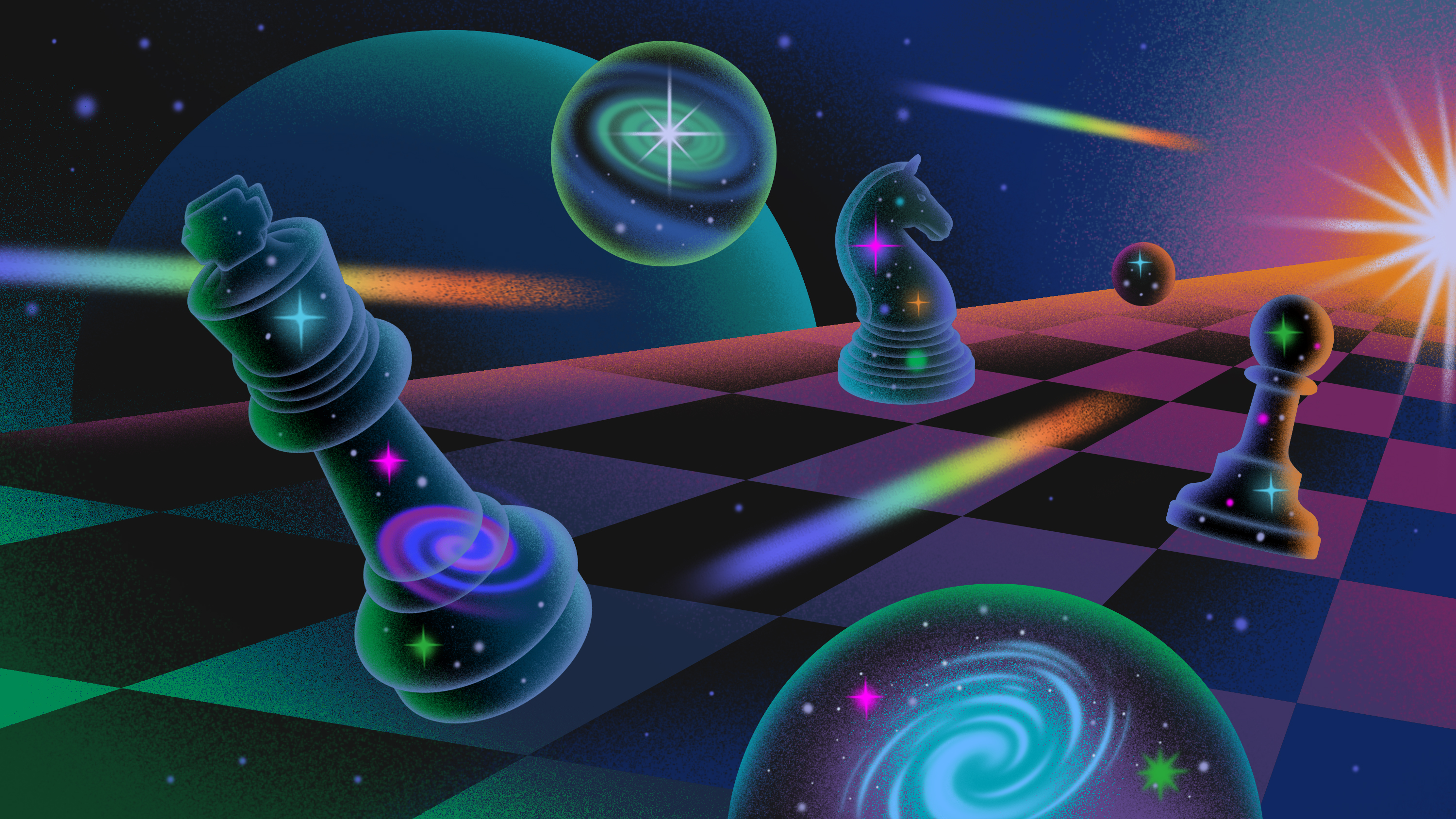 chess pieces fly away across a cosmic chessboard toward a bright star