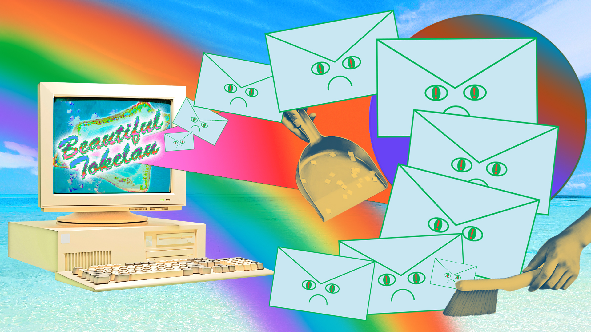 an older 90s style computer with an image of &quot;Beautiful Tokelau&quot; emits spam emails with a hand holding a dust pan and brush tries to scoop them up