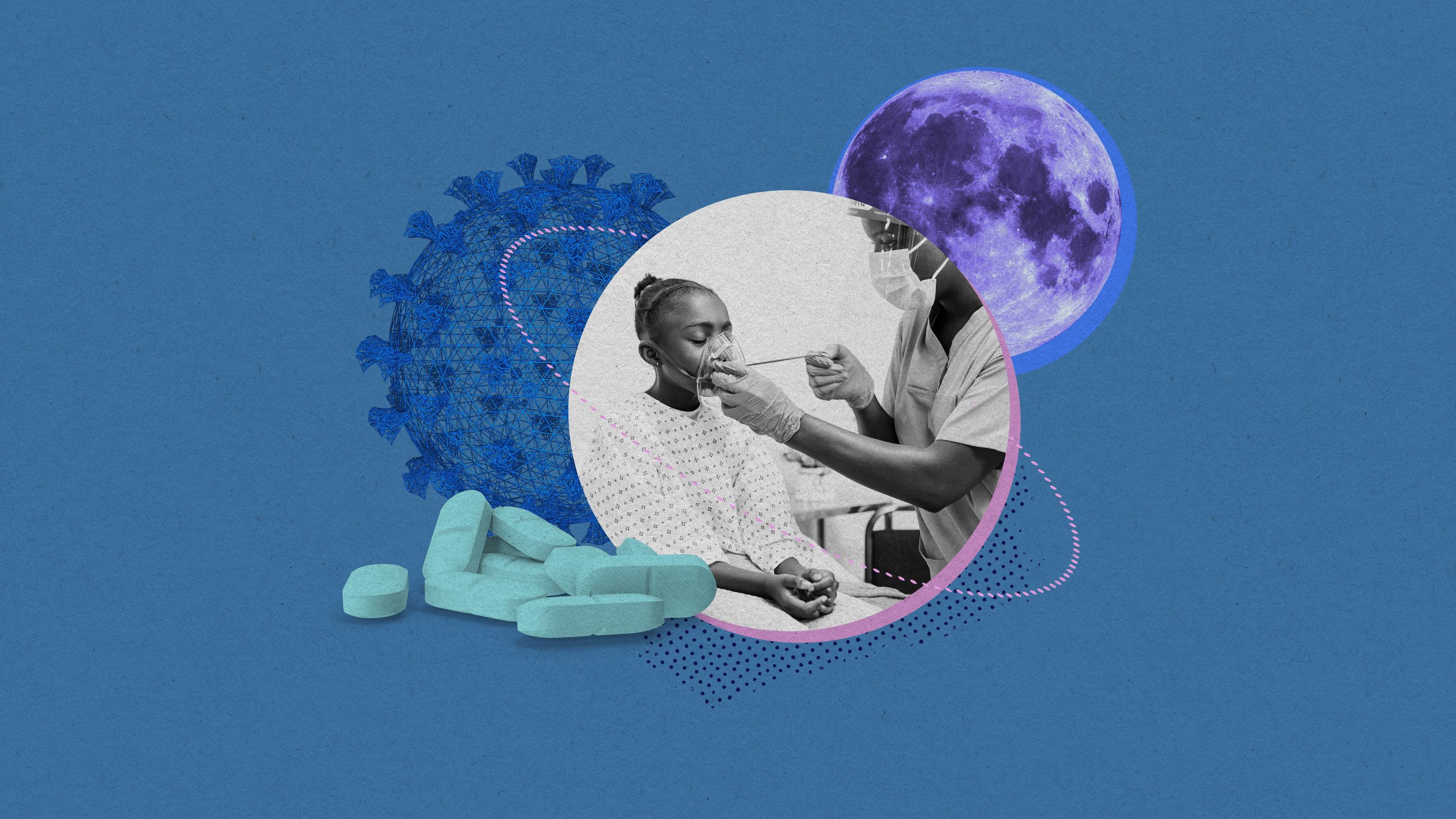 the moon, a cluster of pills, a model of the covid virus, and a young patient receiving oxygen