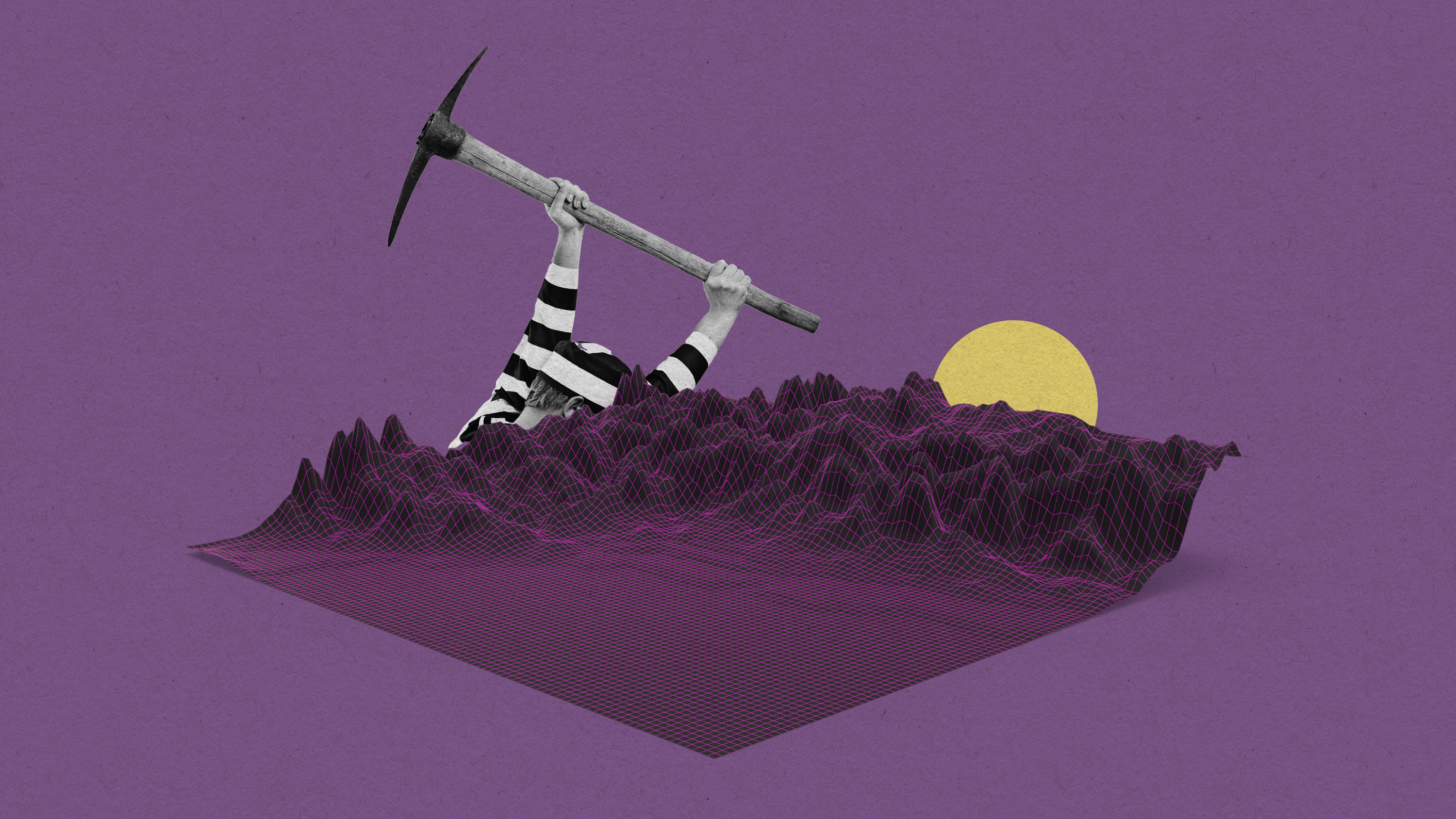 arms and top of head of a person in a striped prisoner suit swinging a pickaxe is obscured by a vaporwave landscape