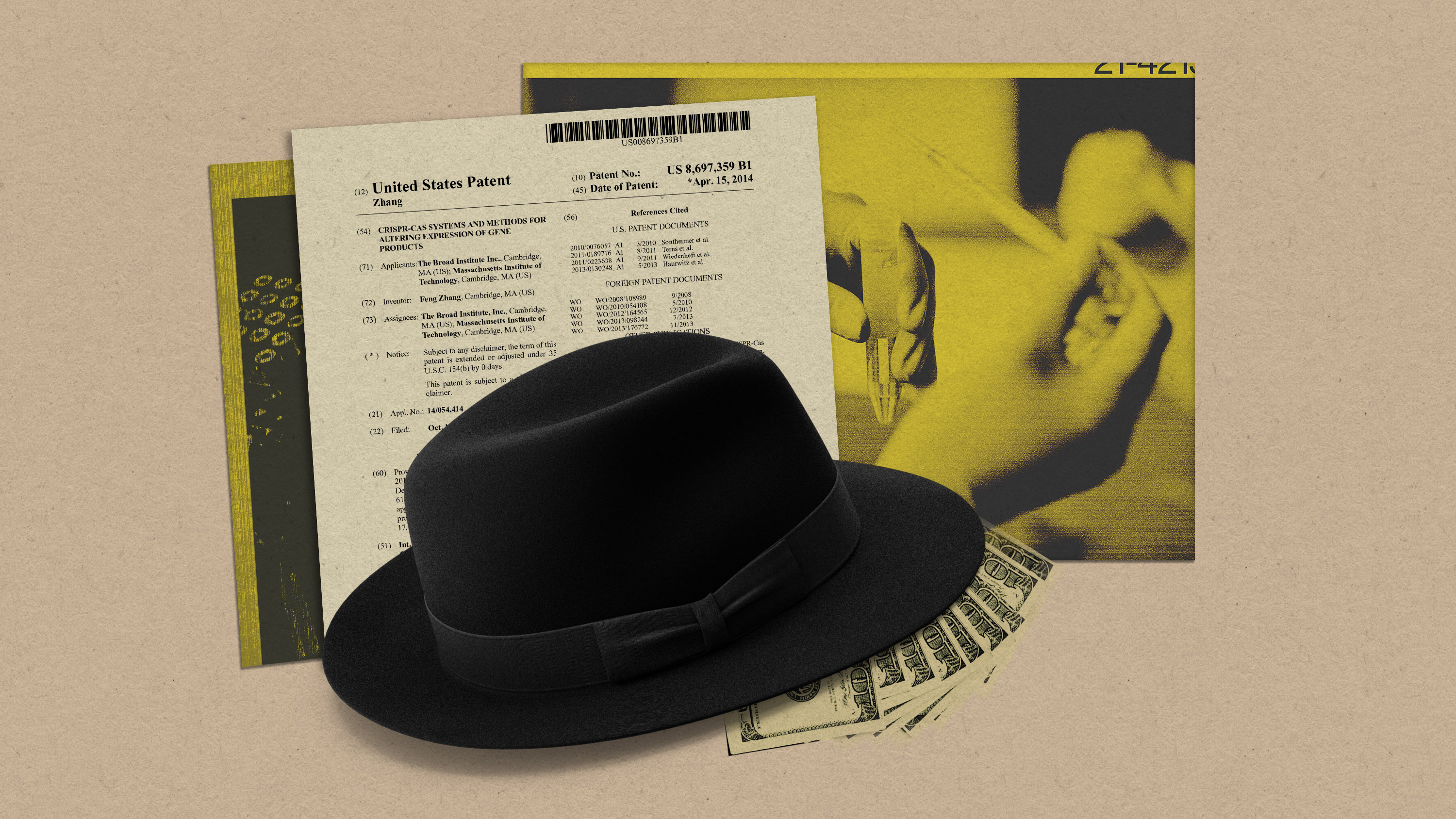 a fedora hat with a fan of hundred dollar bills protruding from underneath in front of the US Patent for CRISPR-CAS Systems and images of labwork