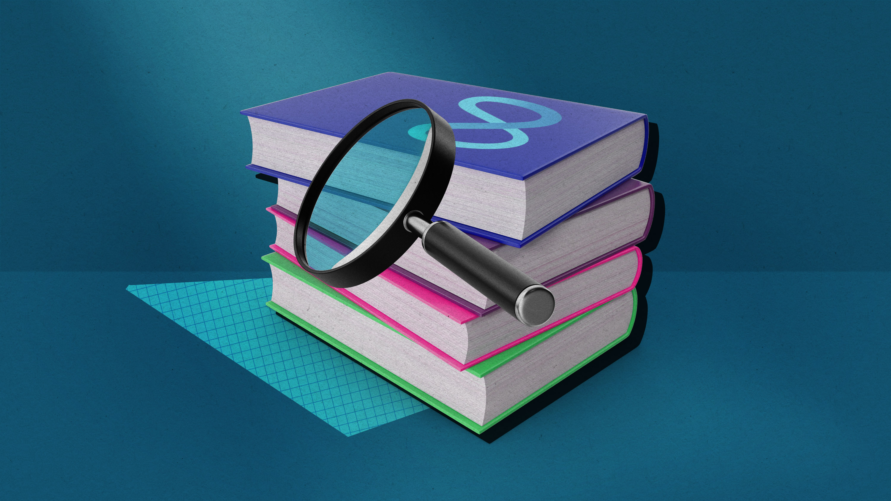 a tinted magnifying glass hovering in front of library books in a stack with Meta logo visible on top cover