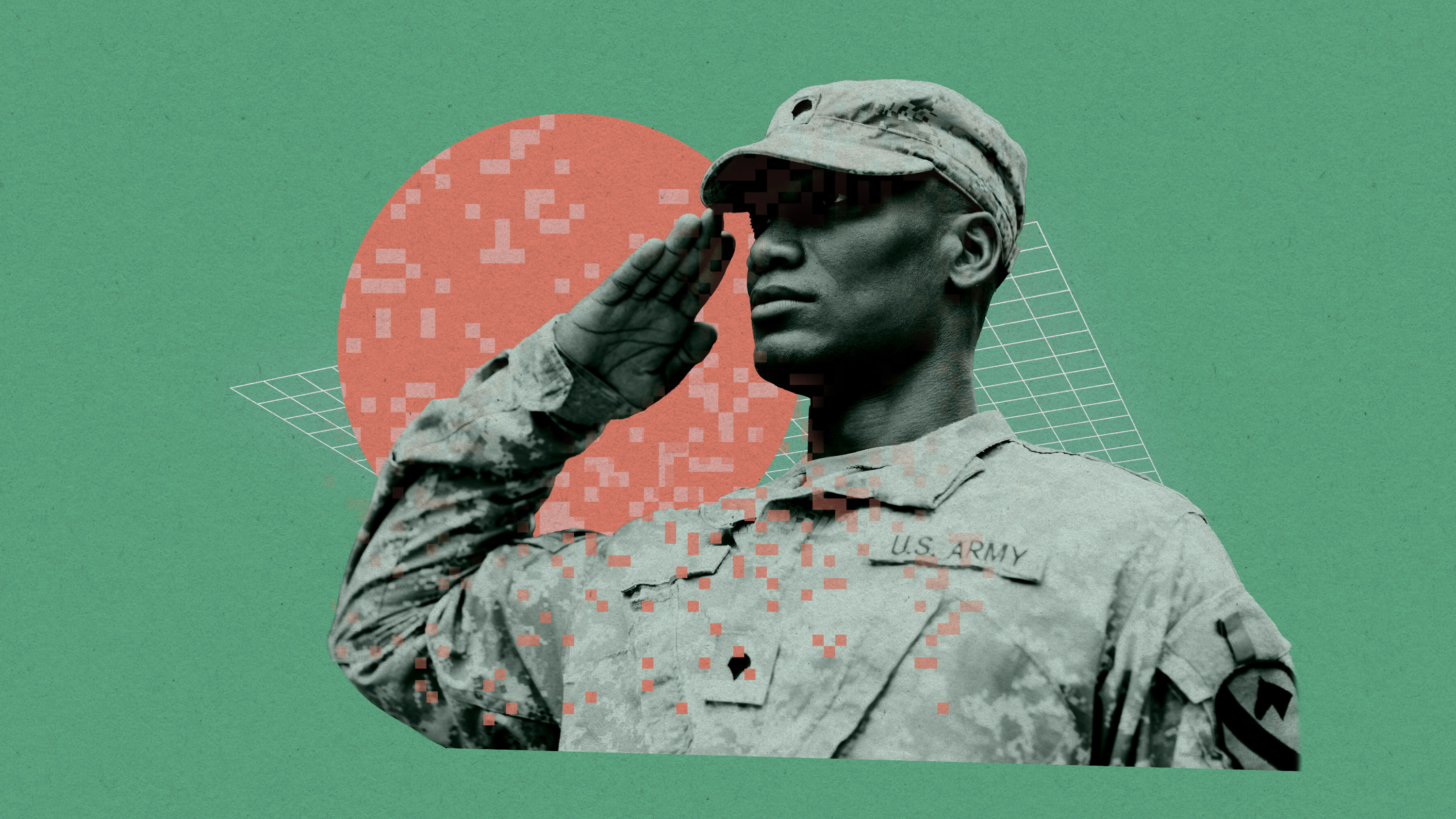 the head and shoulders of a US Army soldier standing at attention with pixels