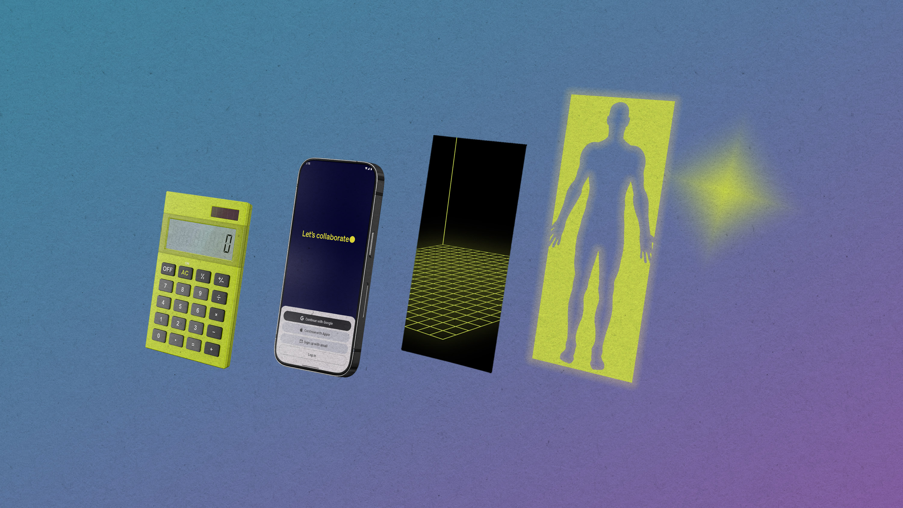 calculator, ChatGpt on a phone, a space with a glowing grid, a space with a glowing figure and a gradient star