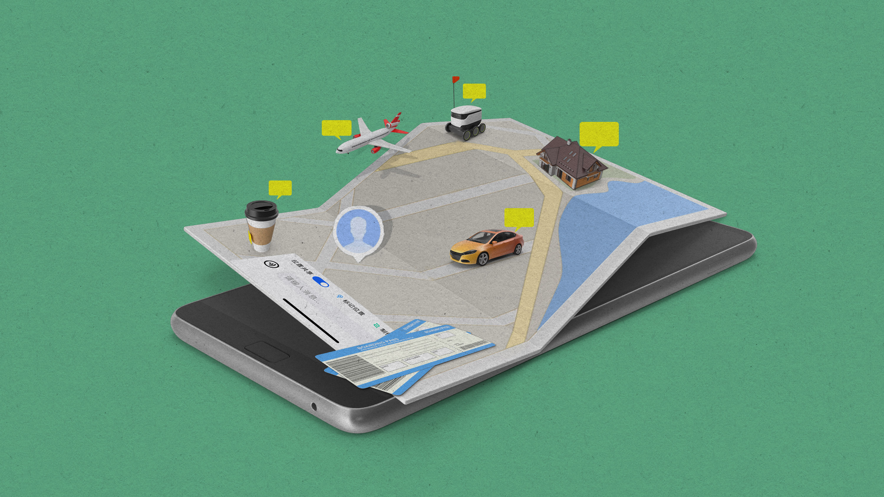 a phone with the map app peeling upward. icons for a cup of tea, a delivery service, a new home, a car, and plane tickets surround the icon of the user