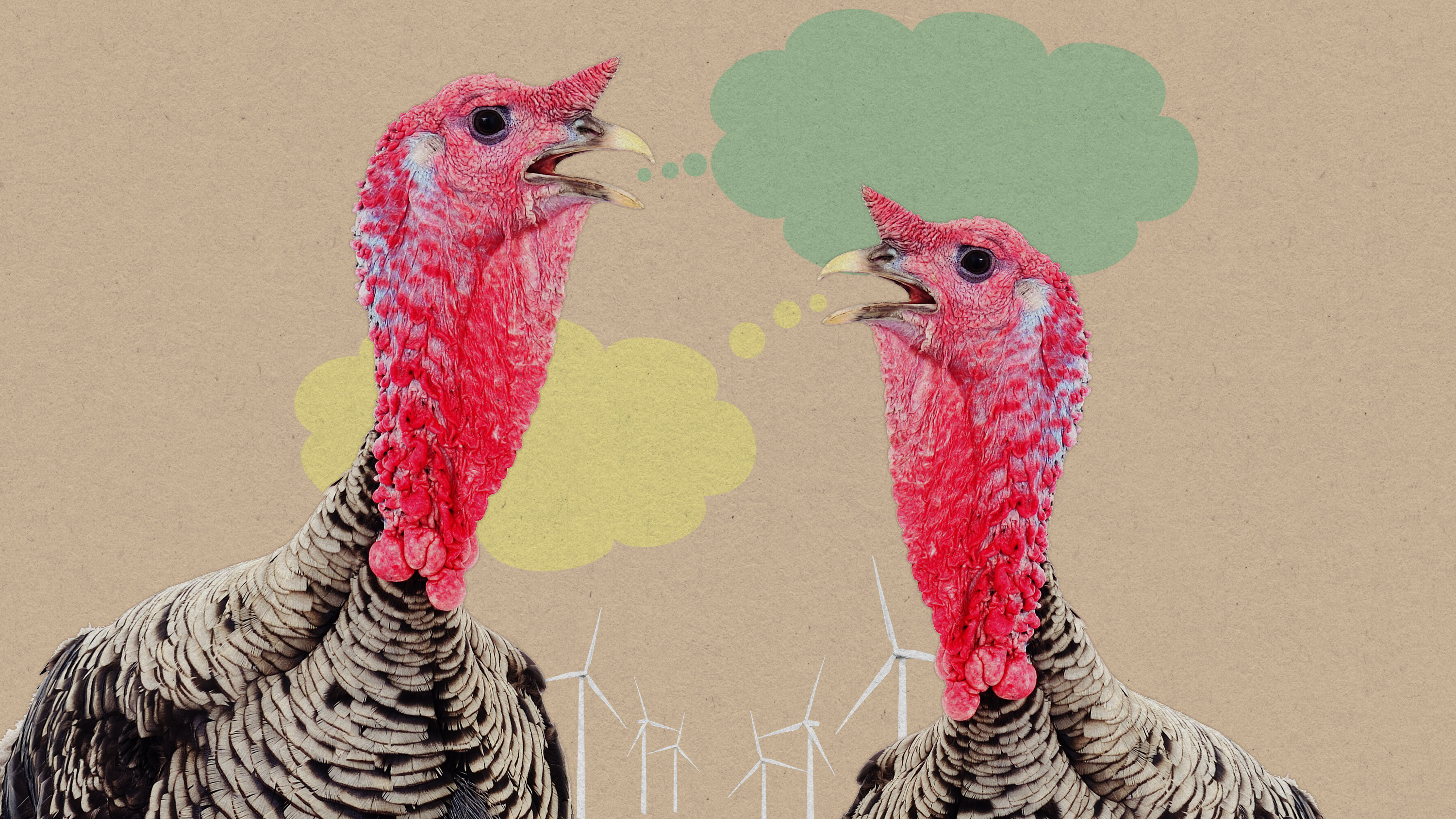 two turkeys with speech bubbles and a wind farm behind them